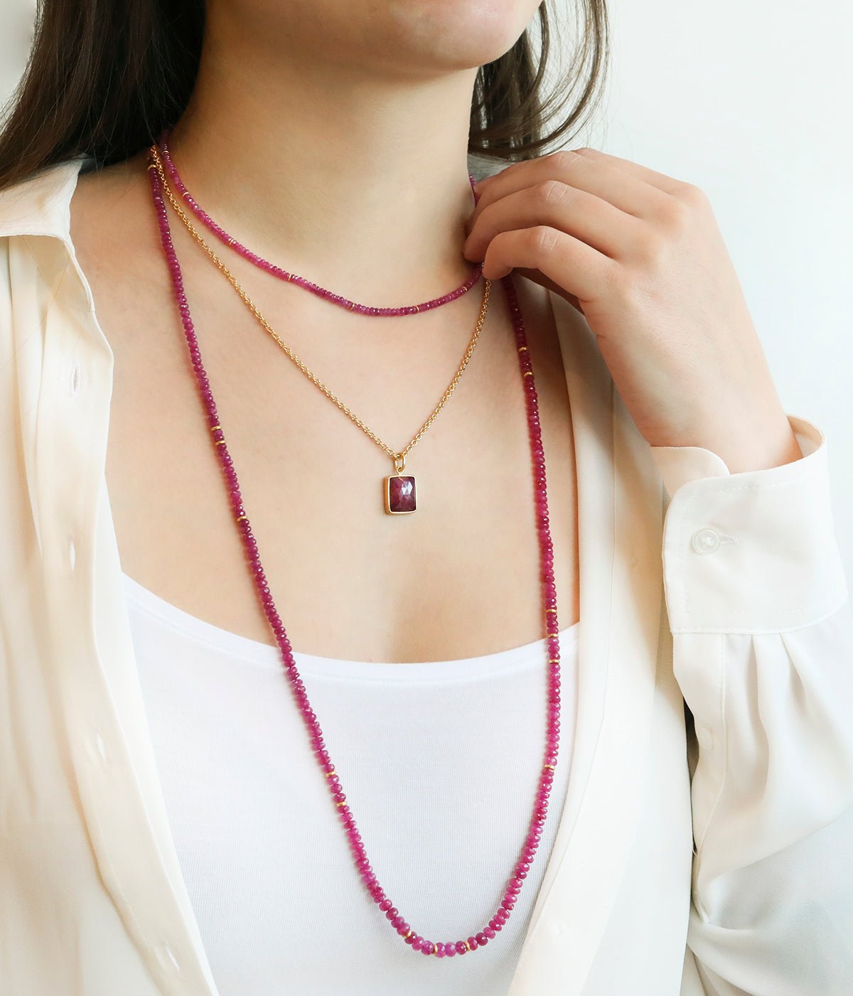 Caroline Ellen Long Faceted Ruby Beaded Necklace with 22K Gold "Spacer" Rings
