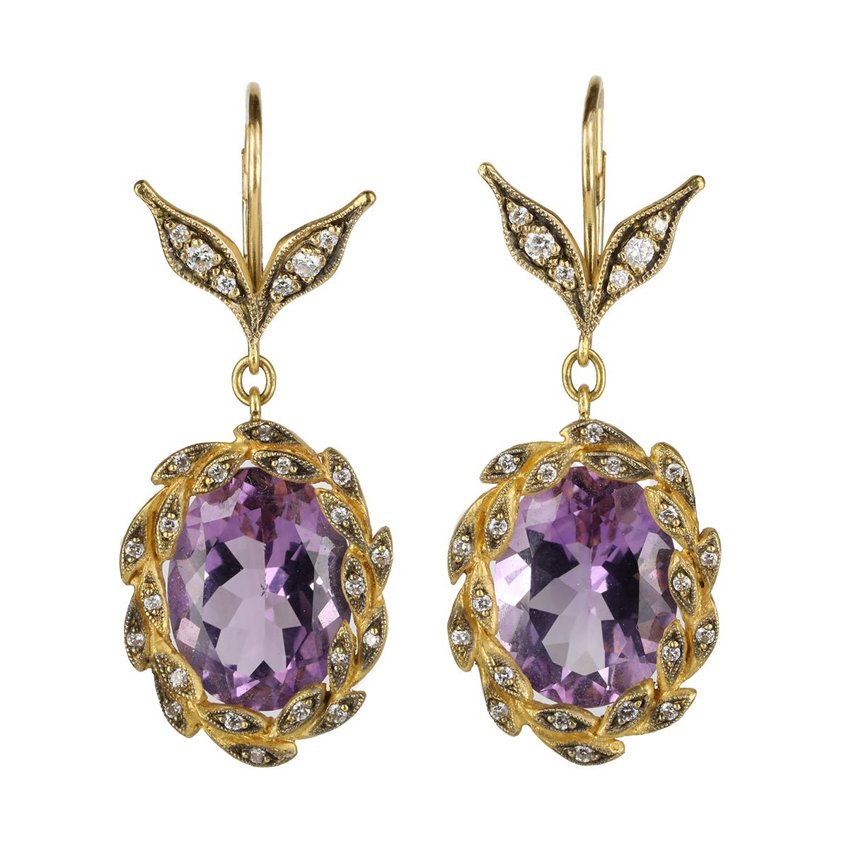 Cathy Waterman Oval Amethyst Earrings in 22K Gold & Diamond "Wreath"