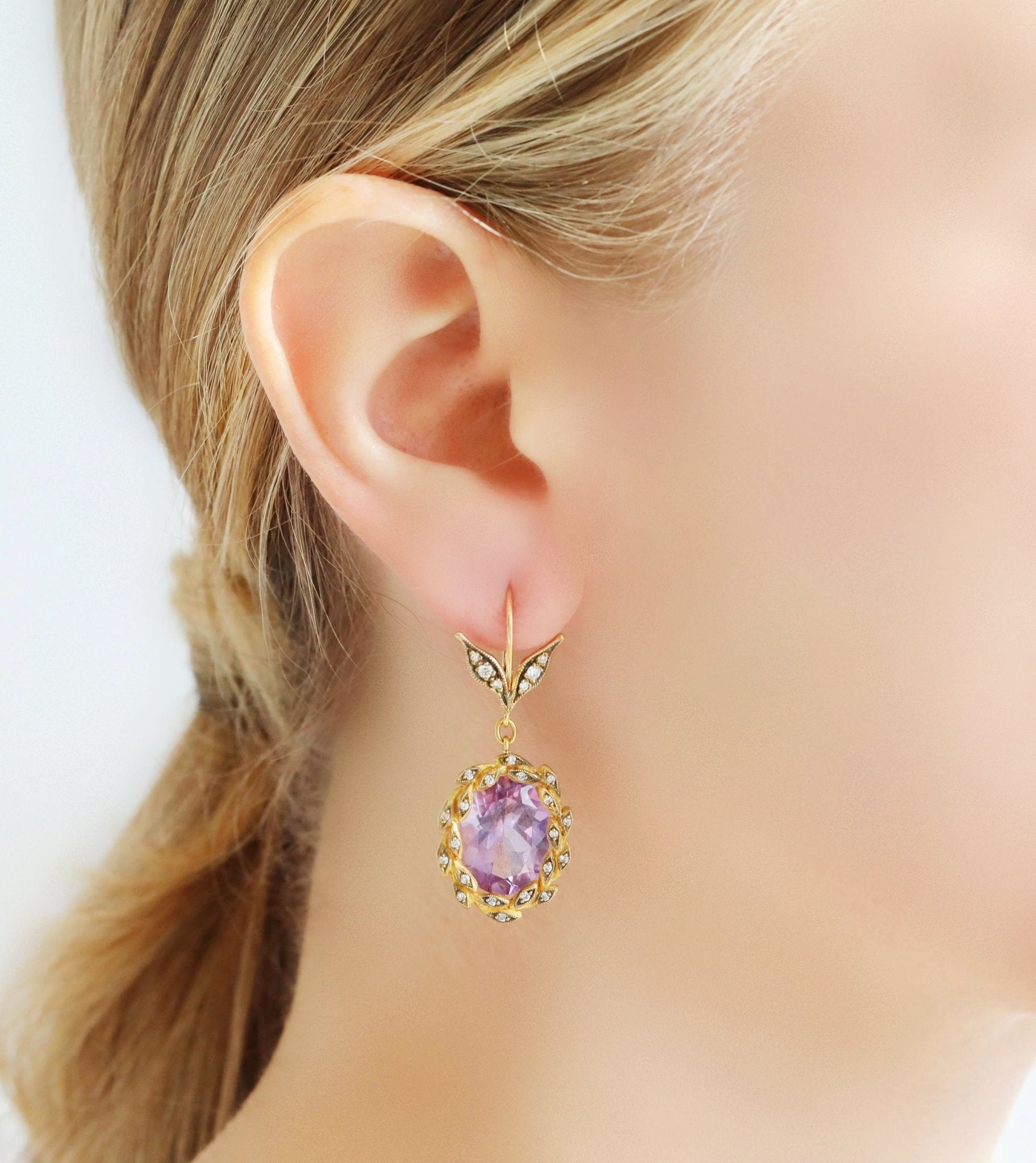 Cathy Waterman Oval Amethyst Earrings in 22K Gold & Diamond "Wreath"