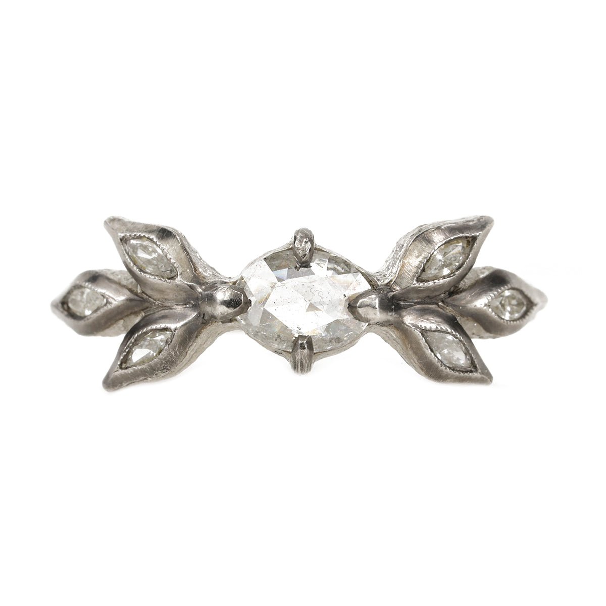 Cathy Waterman Platinum Oval Rosecut Diamond Ring with Marquise Diamond "Leaves"