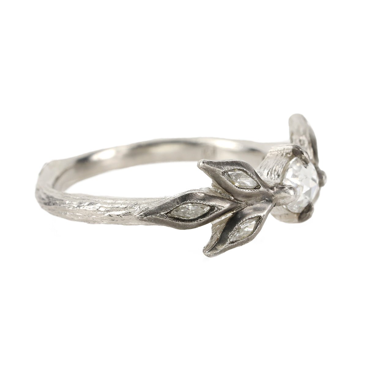 Cathy Waterman Platinum Oval Rosecut Diamond Ring with Marquise Diamond "Leaves"