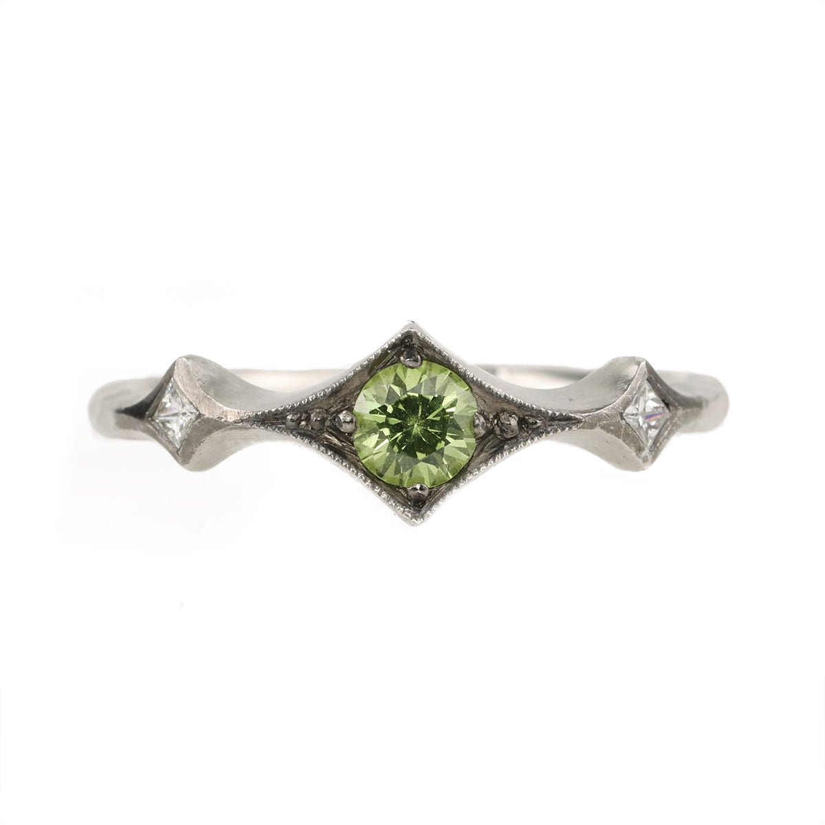 Platinum Tapered Diamond Ring with Green Sapphire Center