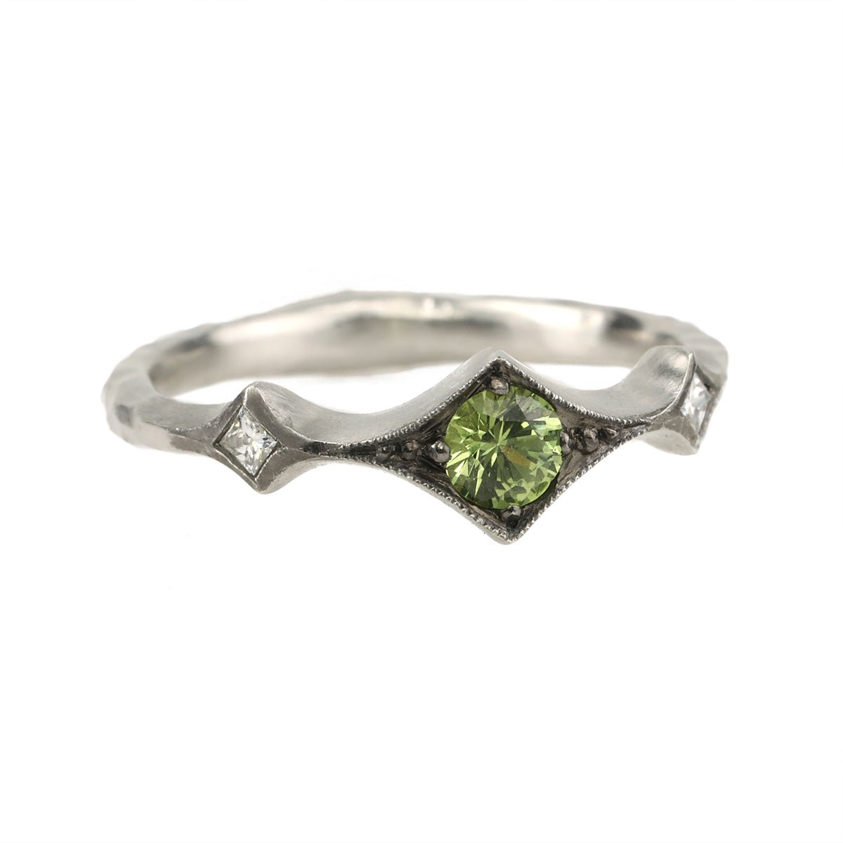 Platinum Tapered Diamond Ring with Green Sapphire Center
