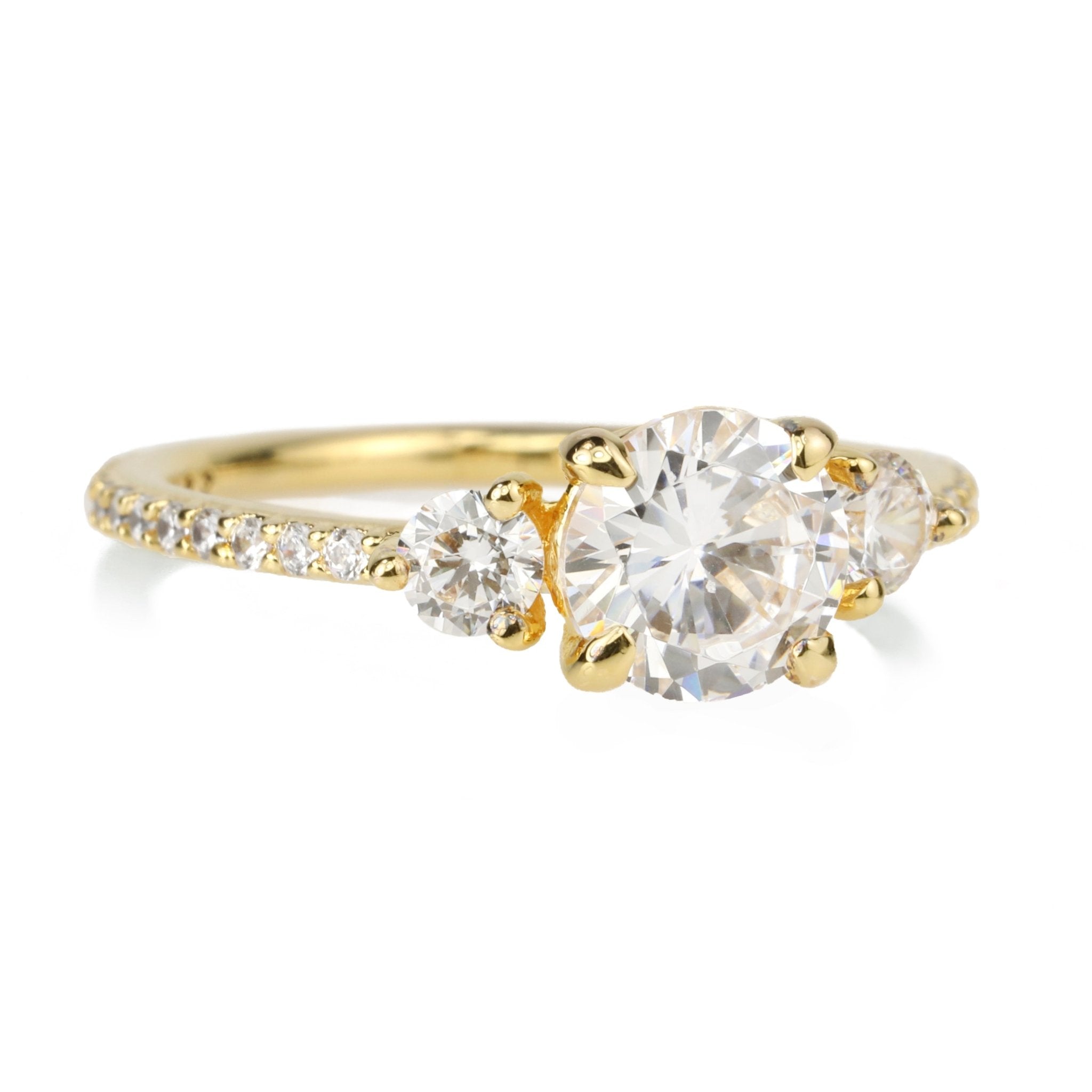 18K Gold Prong-Set Three Stone Pave Diamond Ring Mount