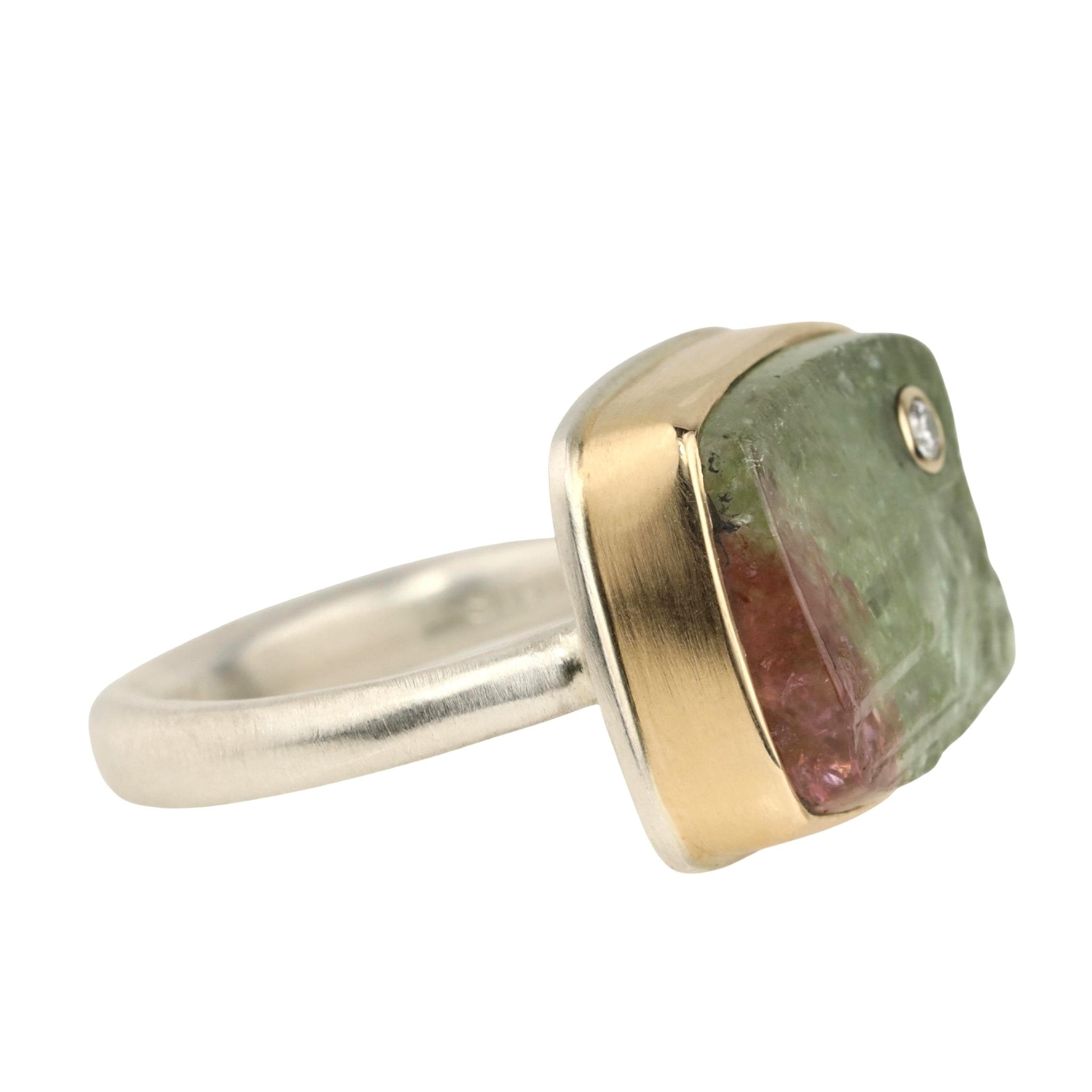 Jamie Joseph Rectangular Watermelon Tourmaline Ring with Diamond