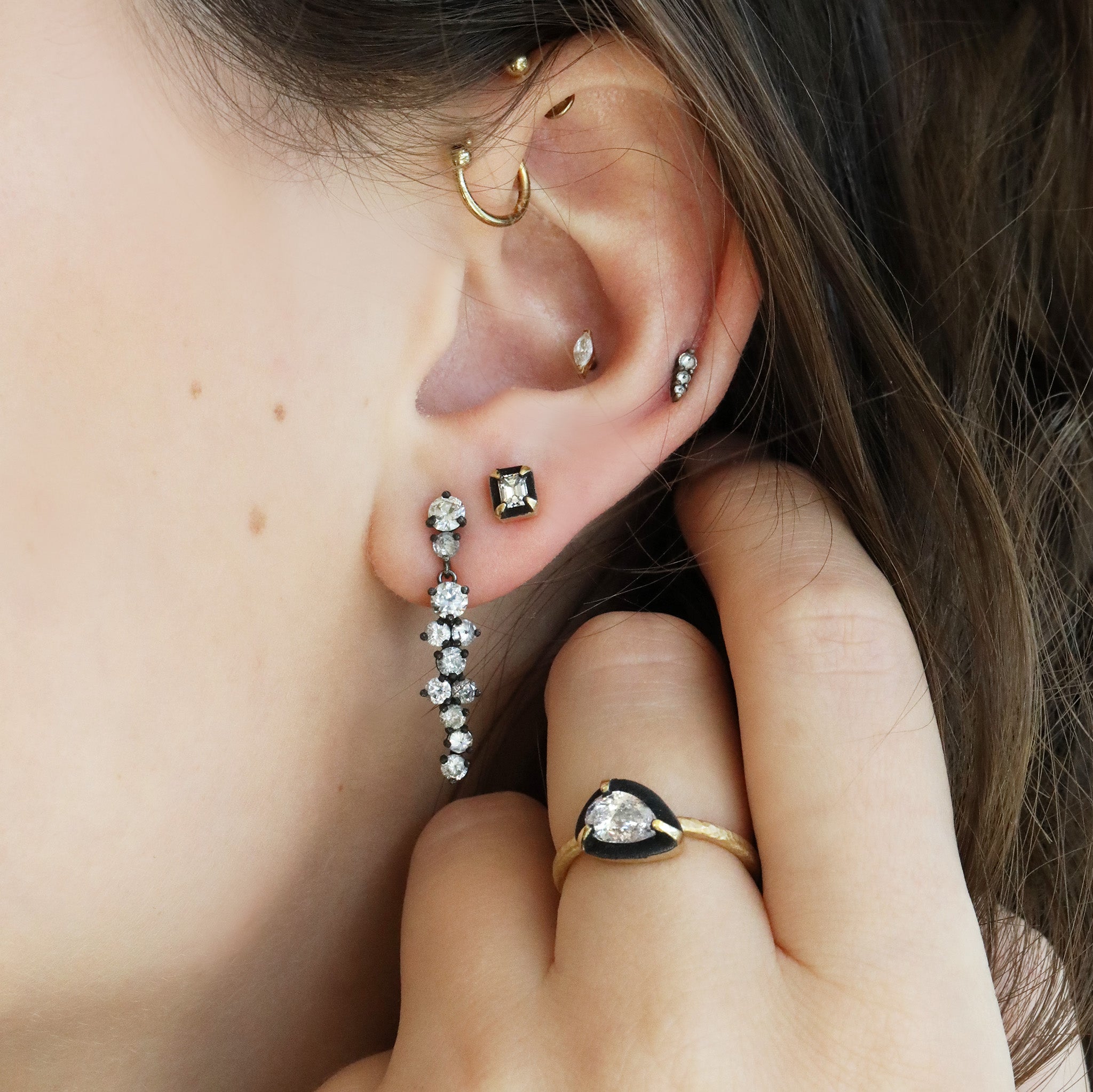 Small Blackened White Gold Prong-Set Diamond Cluster Drop Earrings - Peridot Fine Jewelry - TAP by Todd Pownell