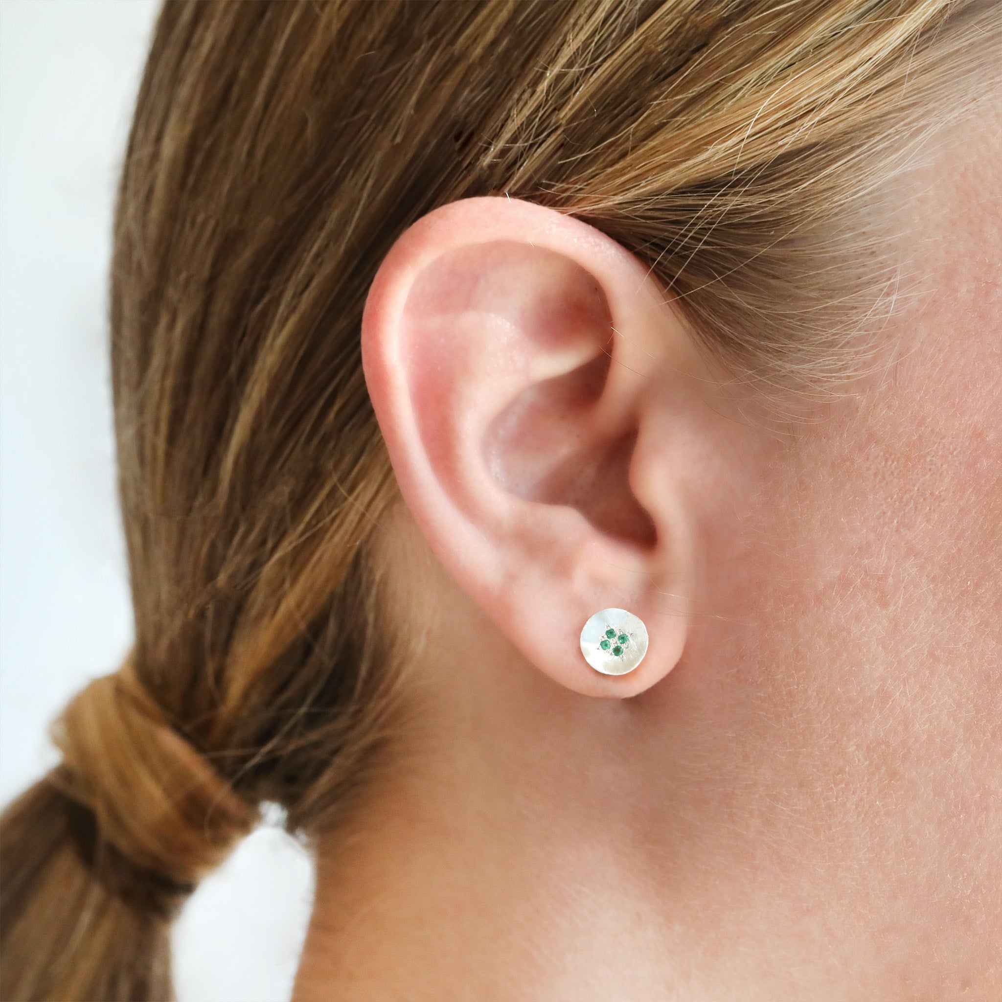 Adel Chefridi Sterling Silver Disc "Four Star Wave" Emerald Stud Earrings