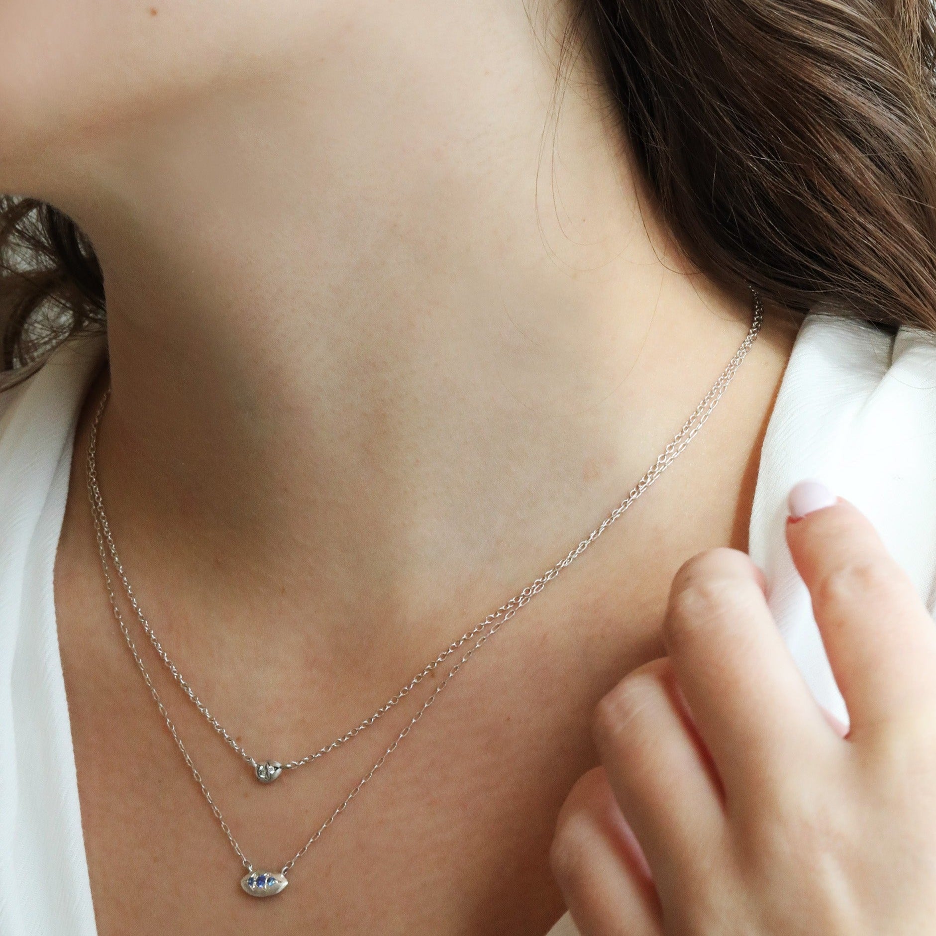 Sterling Silver Elongated Oval Disc Necklace With Three Star-Set Blue Sapphires - Peridot Fine Jewelry - dan-yell