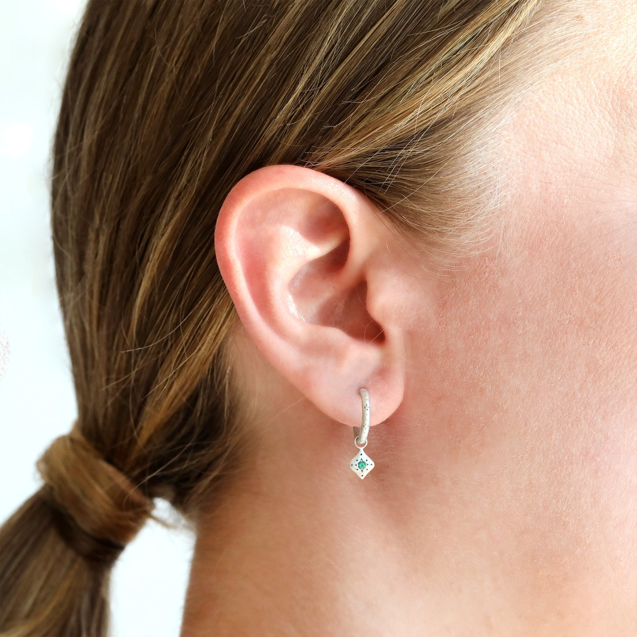 Adel Chefridi Sterling Silver Etched Hoops with Emerald "Night" Charms