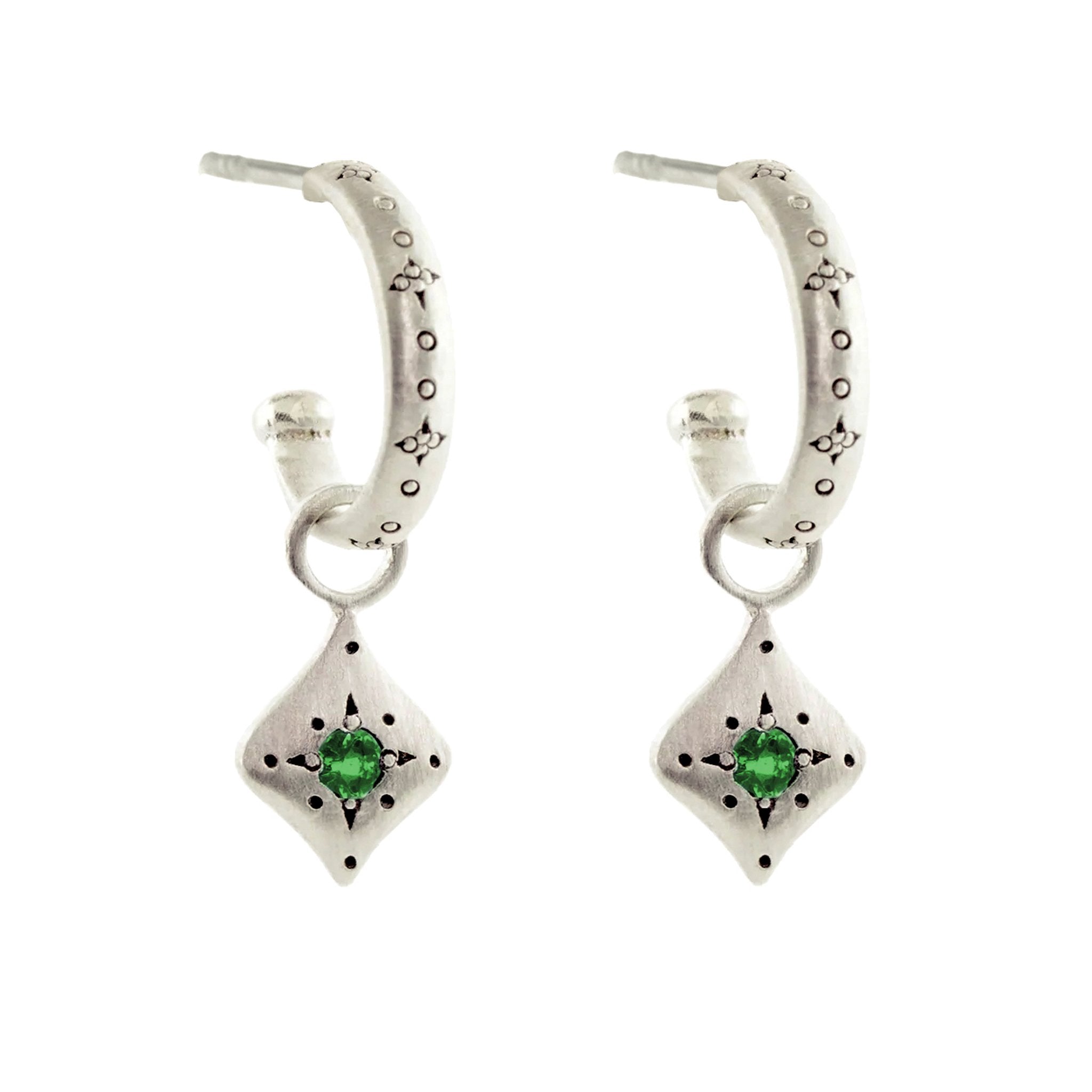 Adel Chefridi Sterling Silver Etched Hoops with Emerald "Night" Charms