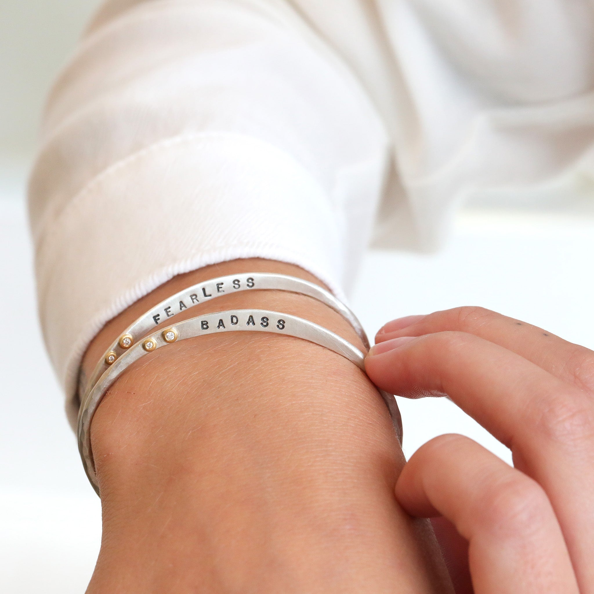 Annie Fensterstock Sterling Silver "Fearless" Cuff with Diamonds