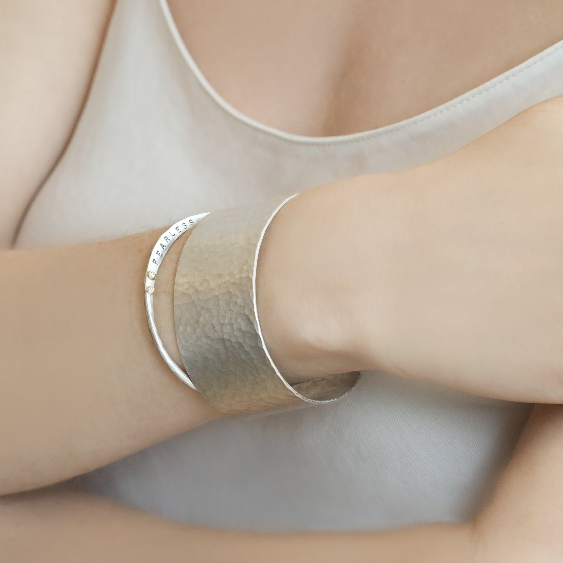 Annie Fensterstock Sterling Silver "Fearless" Cuff with Diamonds