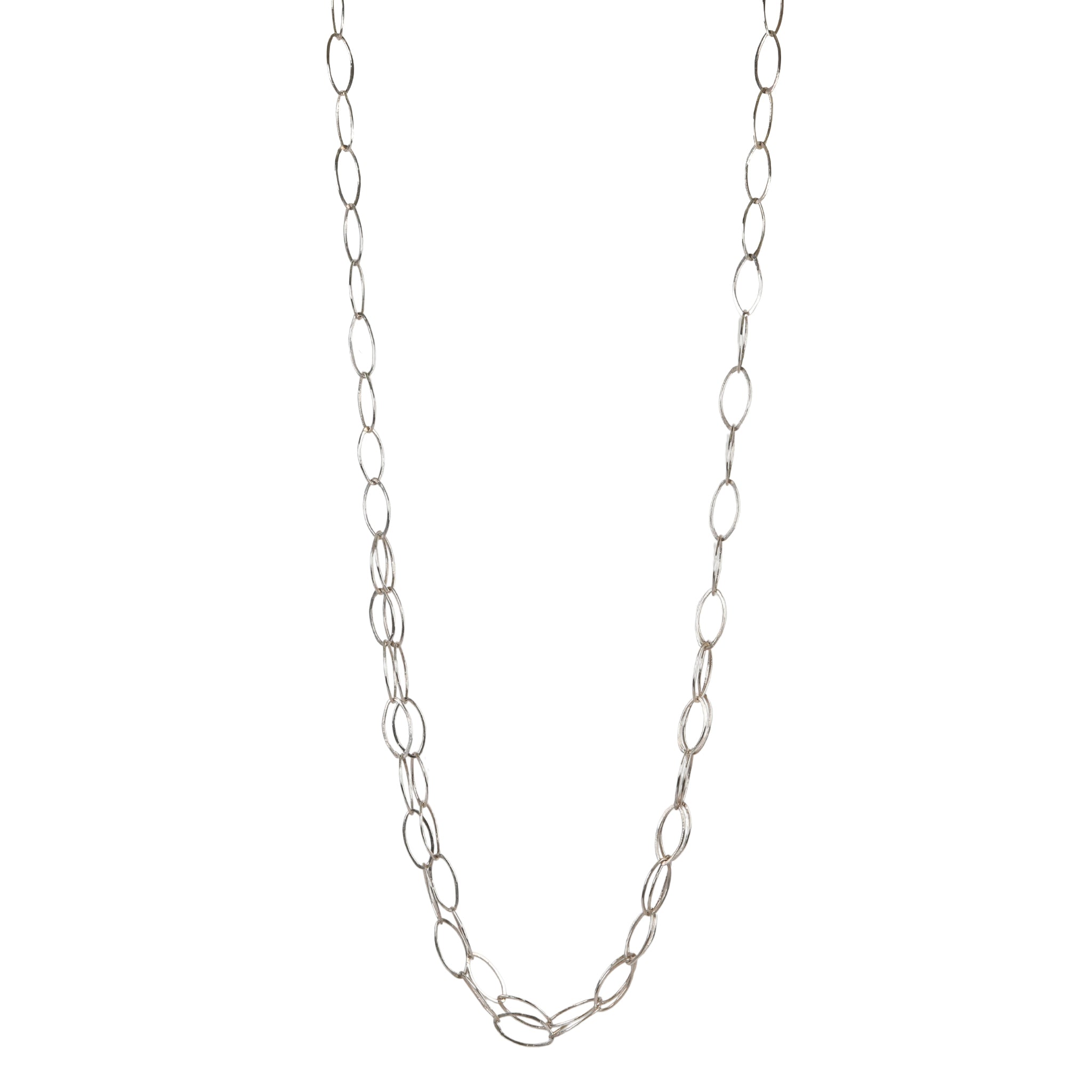 Sterling Silver Handmade Oval Link Long Chain Necklace with Center Double Layer of Chain - Peridot Fine Jewelry - Sarah Macfadden