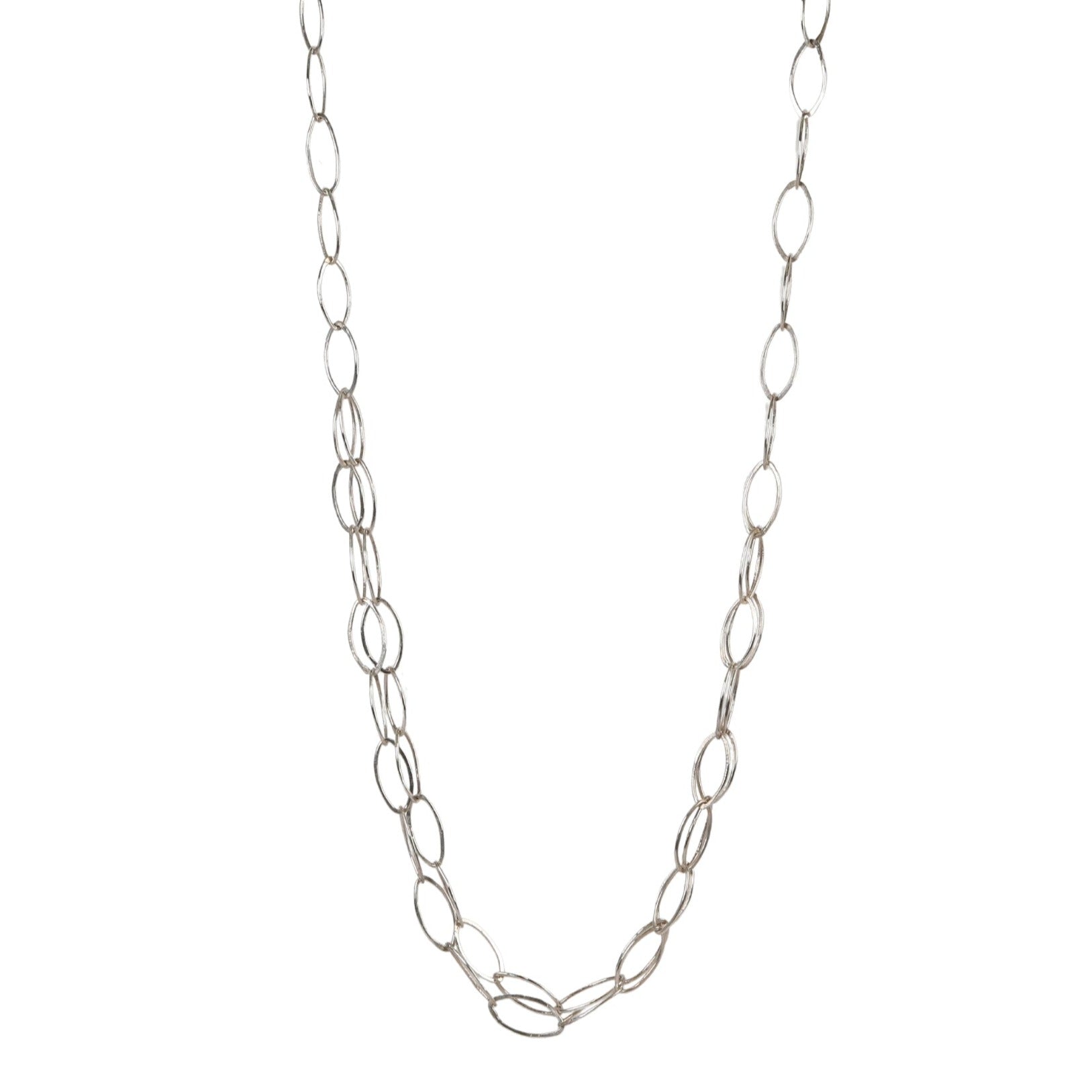 Sterling Silver Handmade Oval Link Long Chain Necklace with Center Double Layer of Chain - Peridot Fine Jewelry - Sarah Macfadden