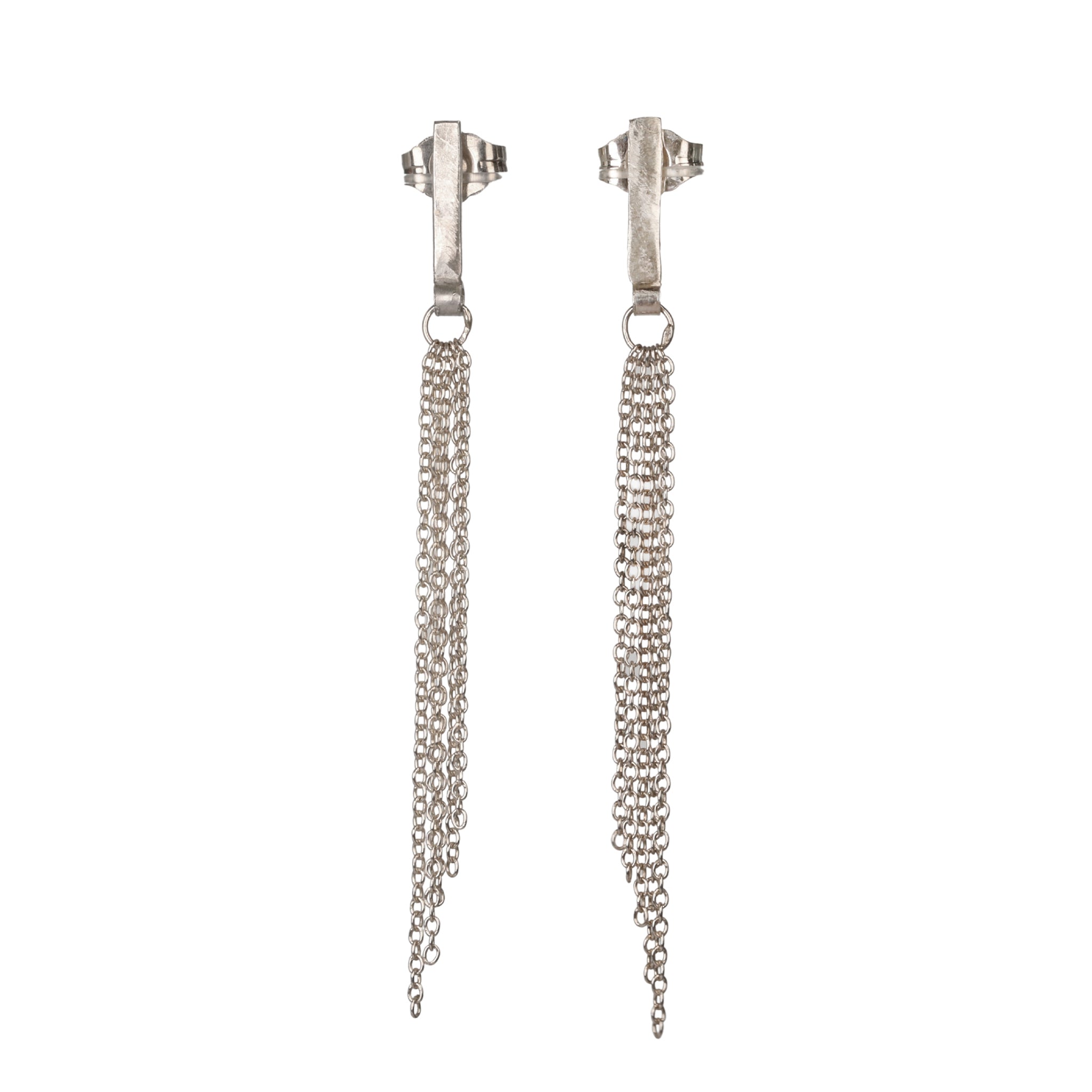 Sterling Silver Post Earrings with Angled Chain Fringe Attached to a Flat Bar - Peridot Fine Jewelry - Sarah Macfadden