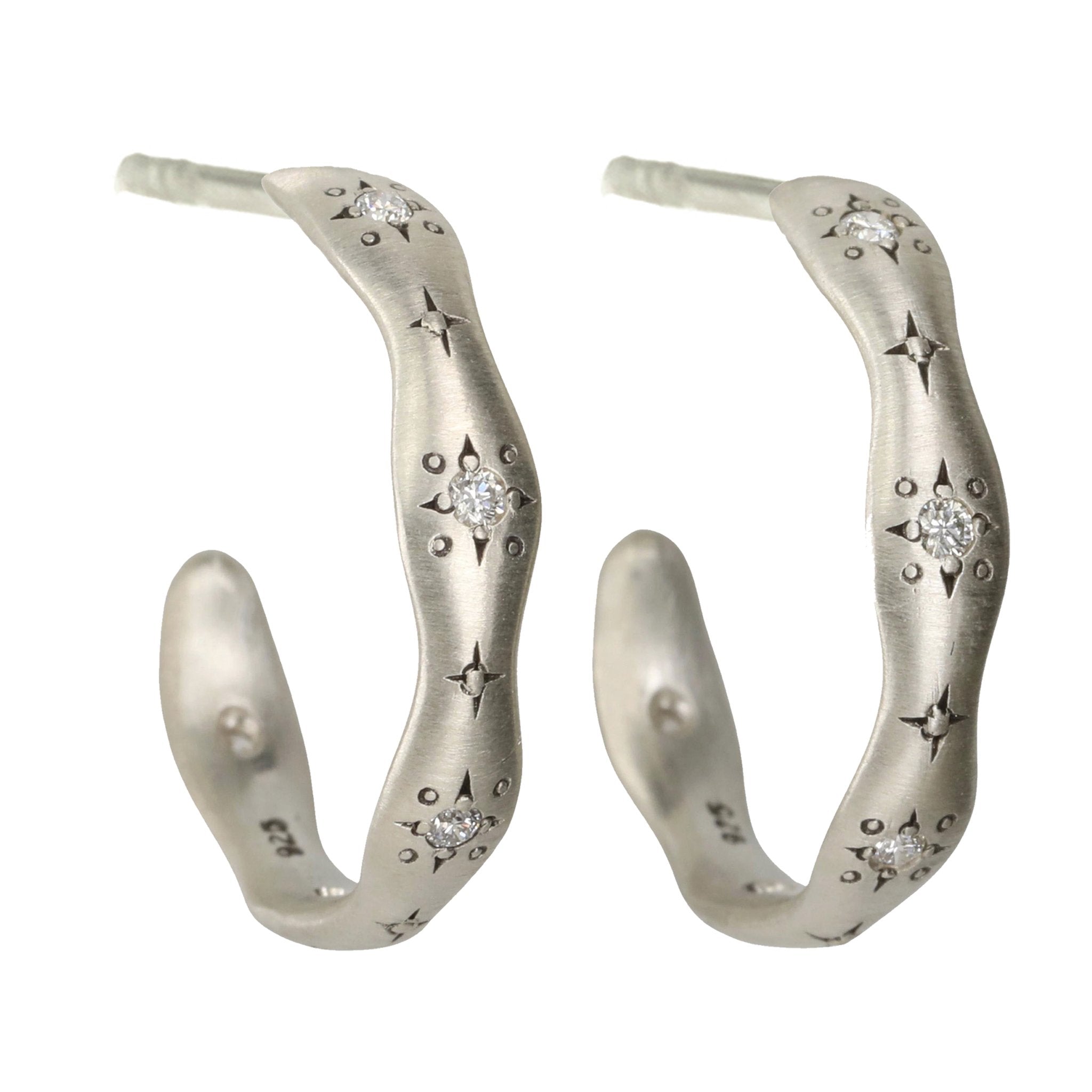 Adel Chefridi Sterling Silver Wavy Hoop Earrings with Diamond Details