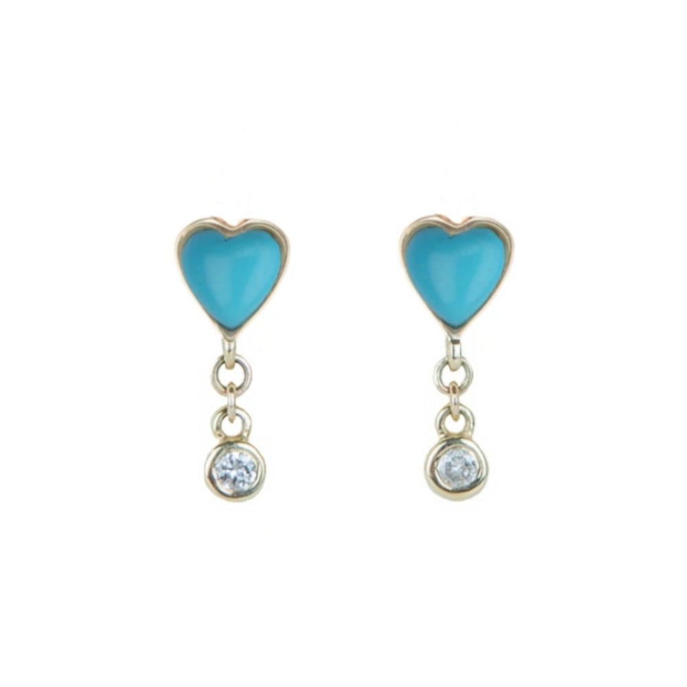 Zahava Turquoise "Byrdie" Heart Studs with Diamond Dangle