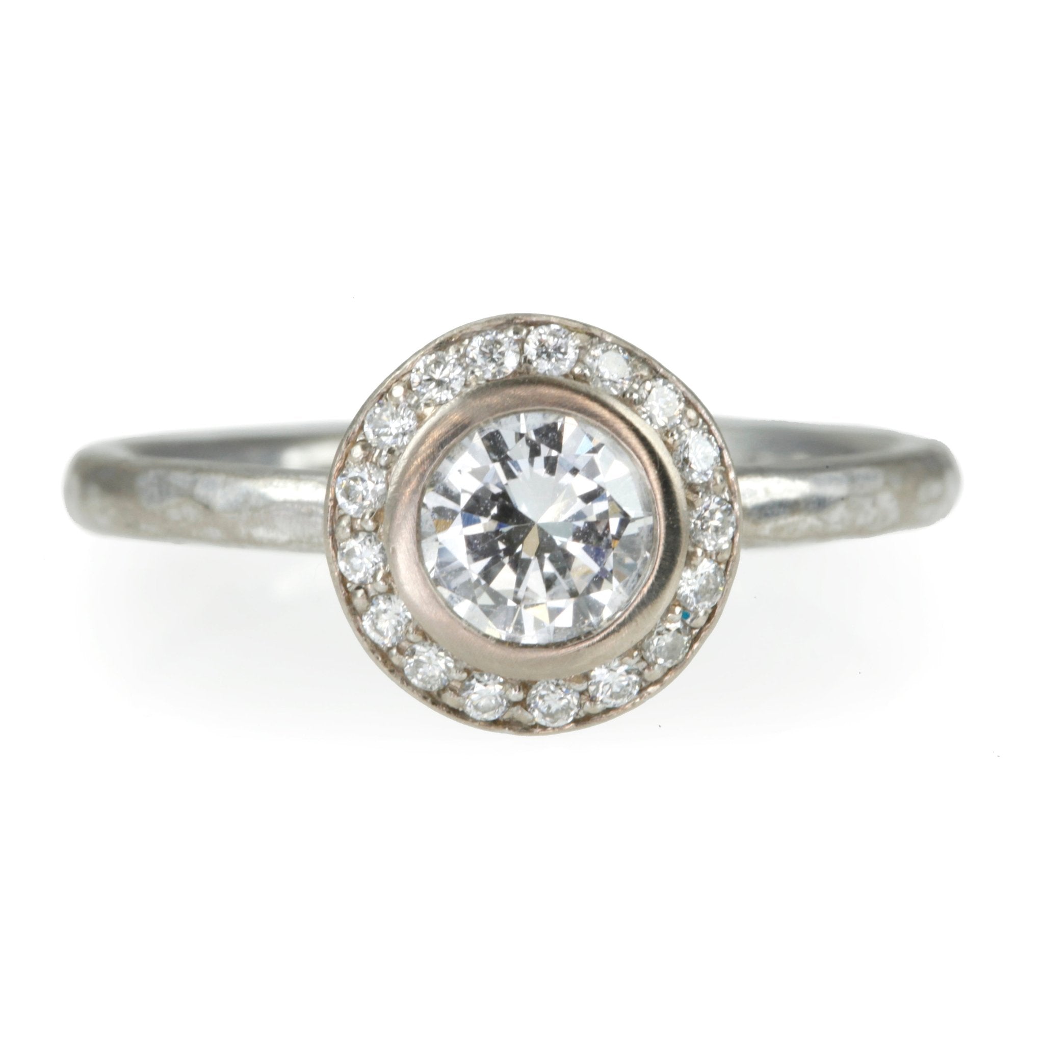 Annie Fensterstock White Gold and Diamond Engagement Ring with Pave Diamond Halo