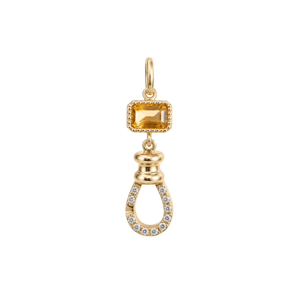 10K Bezel-Set Emerald Cut Citrine "Station" Pave Diamond Swivel Charm Connector - Peridot Fine Jewelry - Zahava