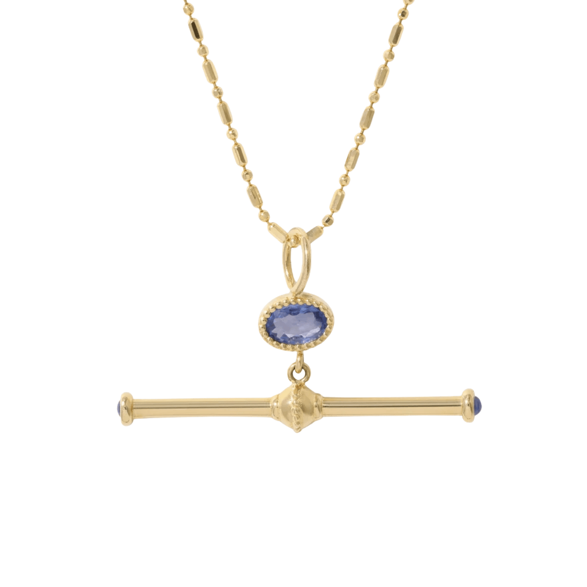 10K Bezel-Set Oval Blue Sapphire "Equilibrium" T-Bar Station Pendant - Peridot Fine Jewelry - Zahava