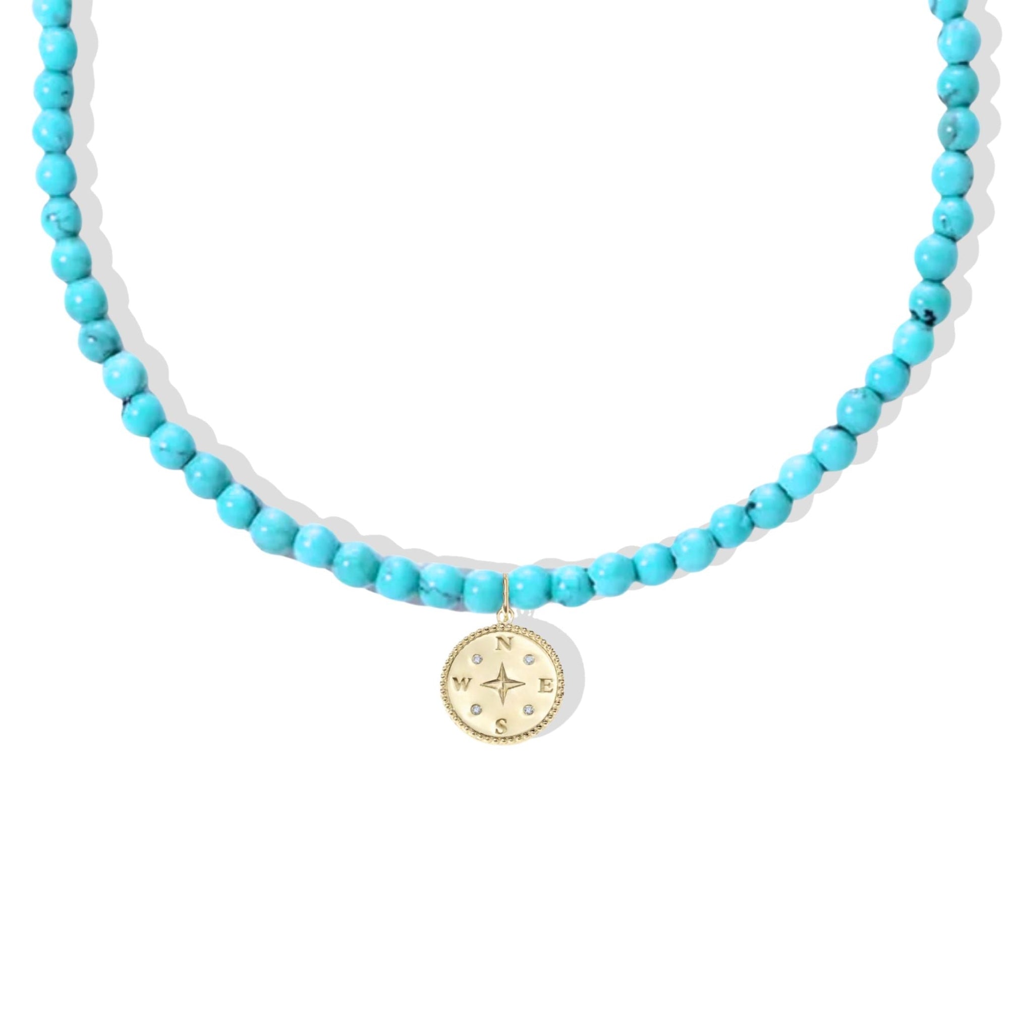 10K Compass Pendant on Turquoise Beaded Necklace - Peridot Fine Jewelry - Zahava