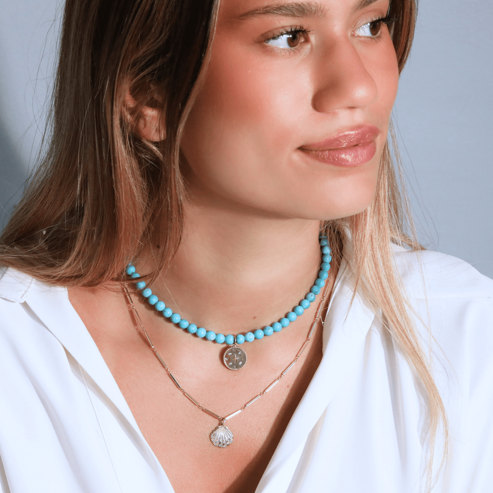 10K Compass Pendant on Turquoise Beaded Necklace - Peridot Fine Jewelry - Zahava
