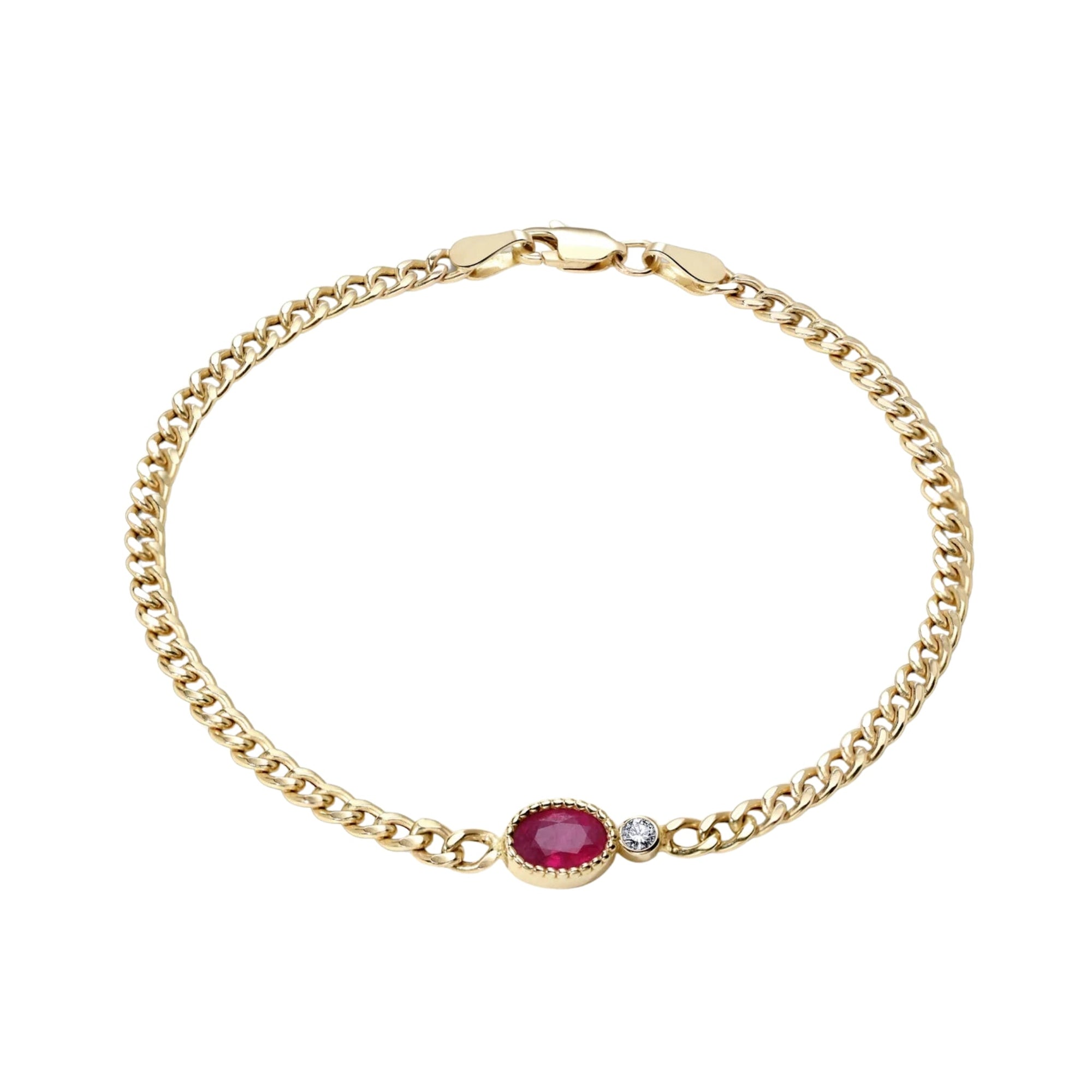 10K Gold "Baby Curb Chain" Bracelet with Oval Ruby & Diamond Detail - Peridot Fine Jewelry - Zahava
