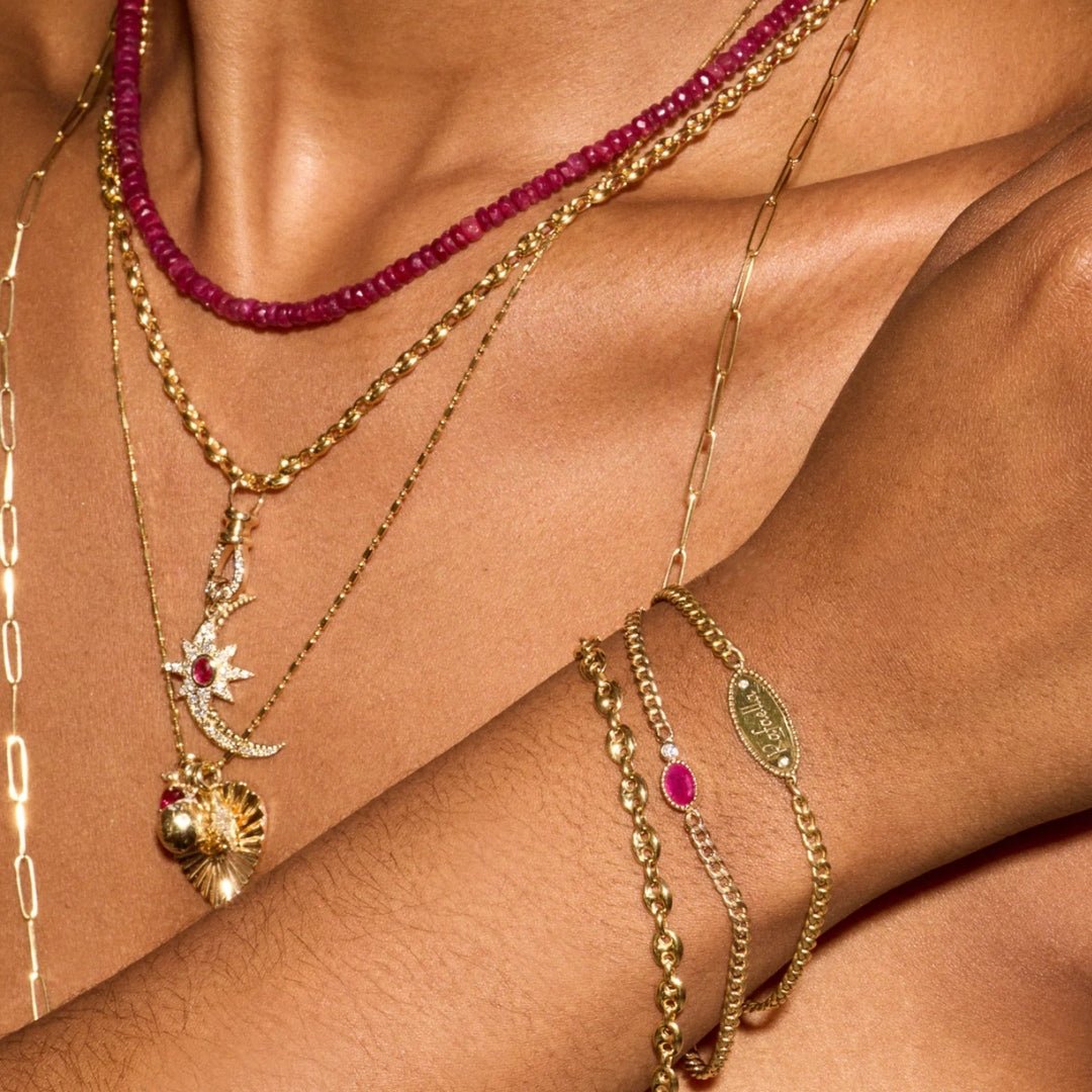 10K Gold "Baby Curb Chain" Bracelet with Oval Ruby & Diamond Detail - Peridot Fine Jewelry - Zahava