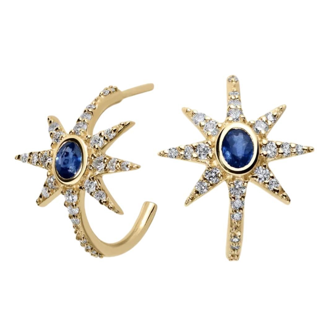 10K Gold Blue Sapphire Starburst Hoop Earrings - Peridot Fine Jewelry - Zahava