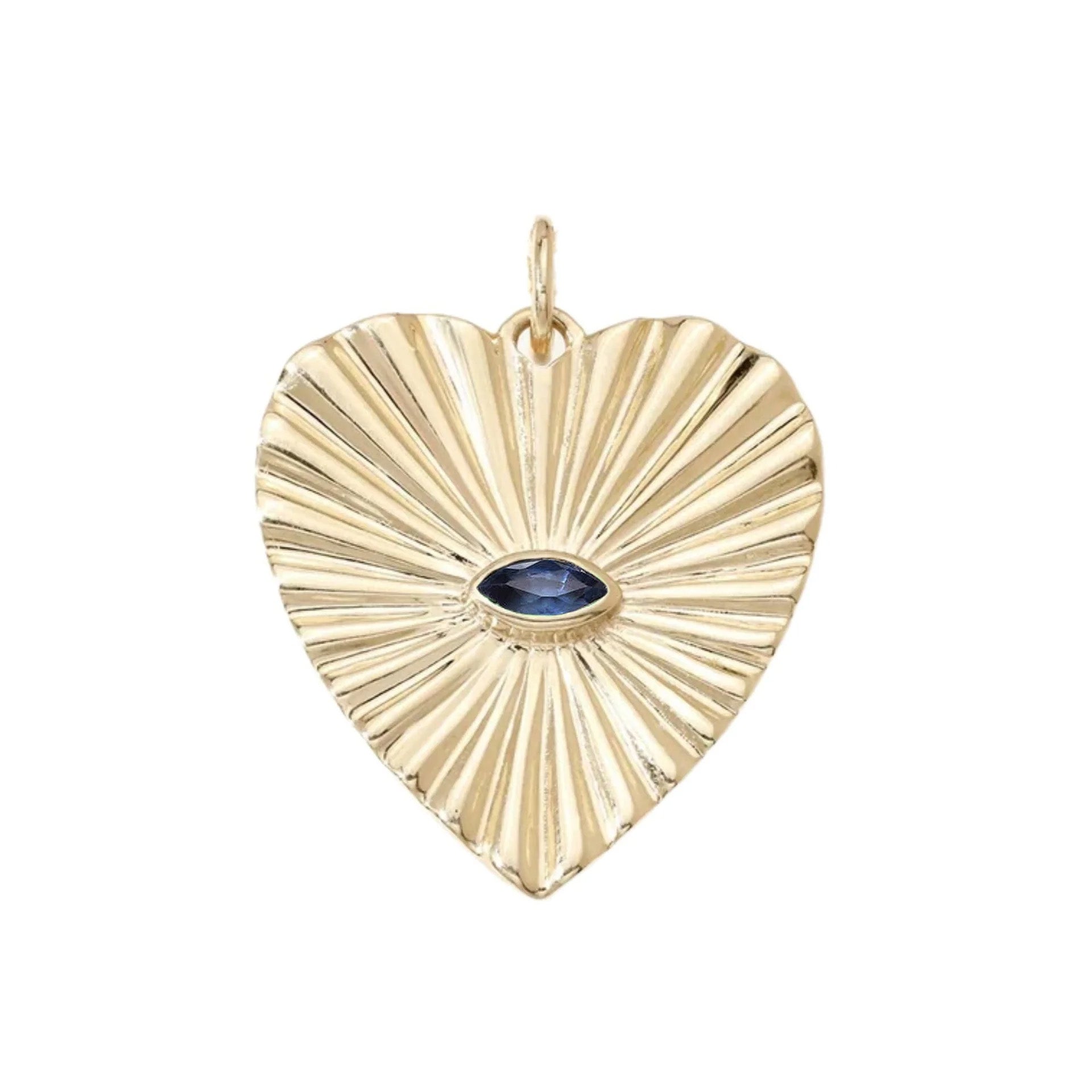 10k Gold Large Textured Heart Pendant with Blue Sapphire - Peridot Fine Jewelry - Zahava