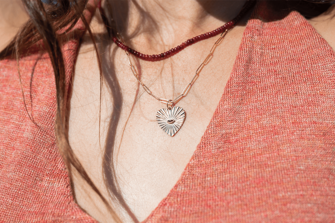 10K Gold Large Textured Heart Pendant with Pink Tourmaline - Peridot Fine Jewelry - Zahava
