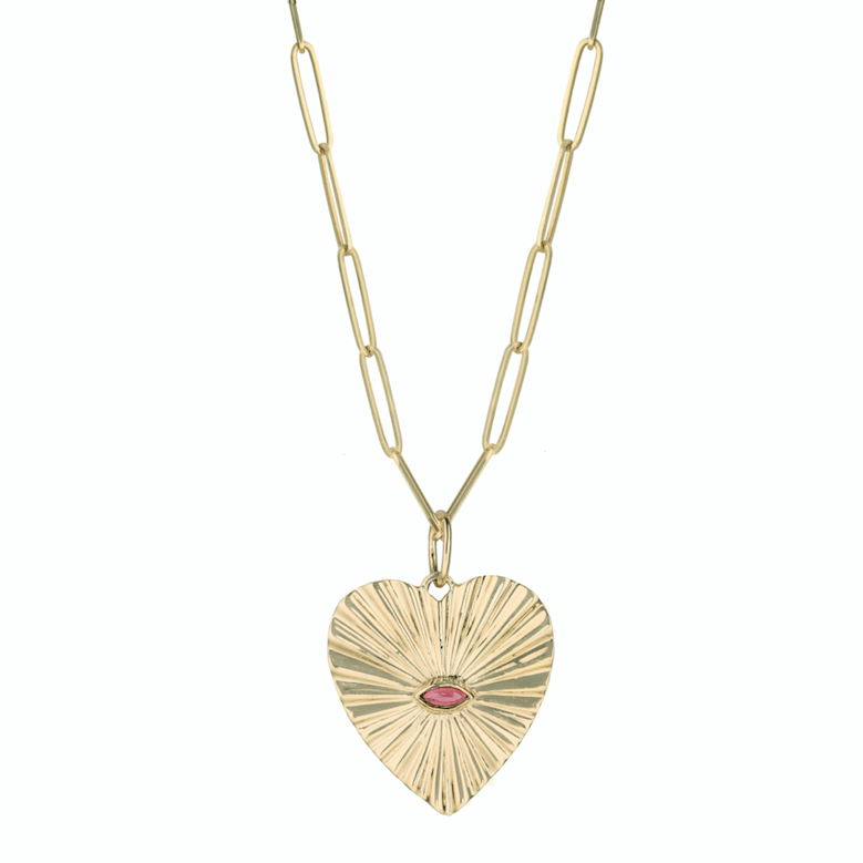 10K Gold Large Textured Heart Pendant with Pink Tourmaline - Peridot Fine Jewelry - Zahava