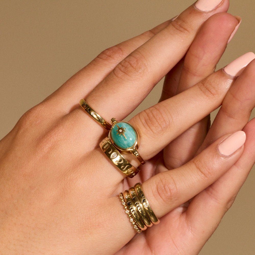 10K Gold Spinning Amazonite &quot;Star&quot; Ring with Diamond - Peridot Fine Jewelry - Zahava