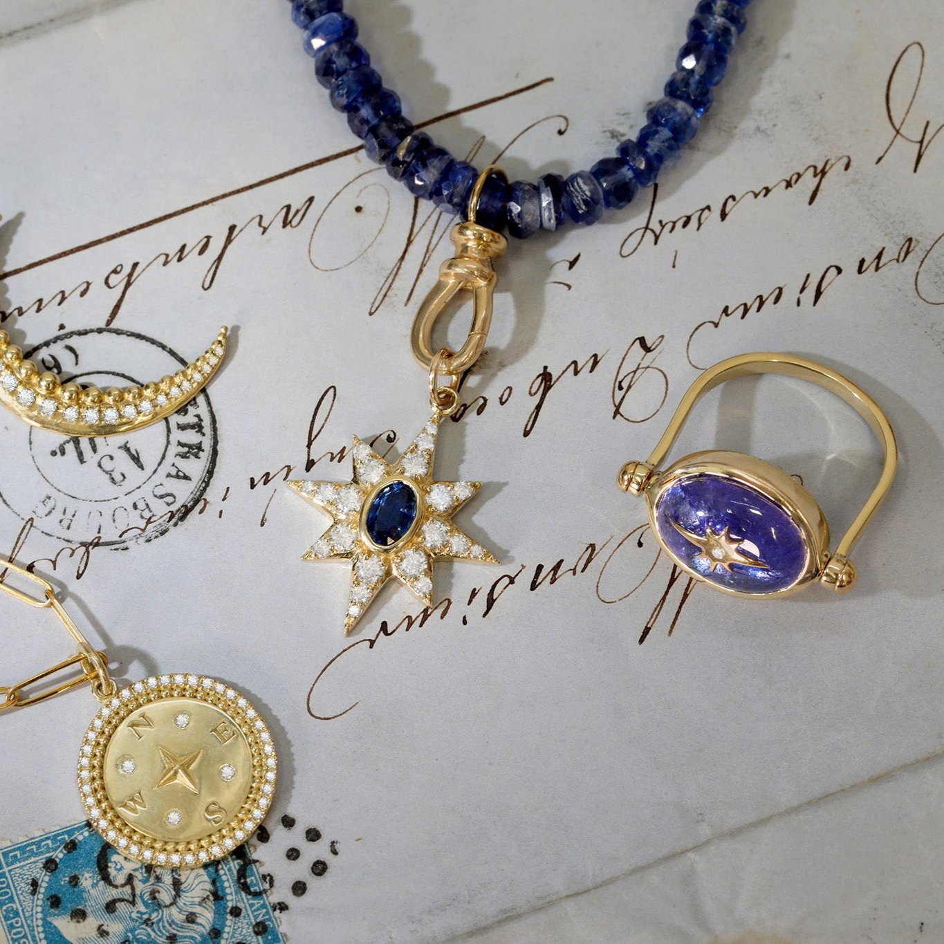 10K Gold Spinning Tanzanite &quot;Star&quot; Ring with Diamond - Peridot Fine Jewelry - Zahava