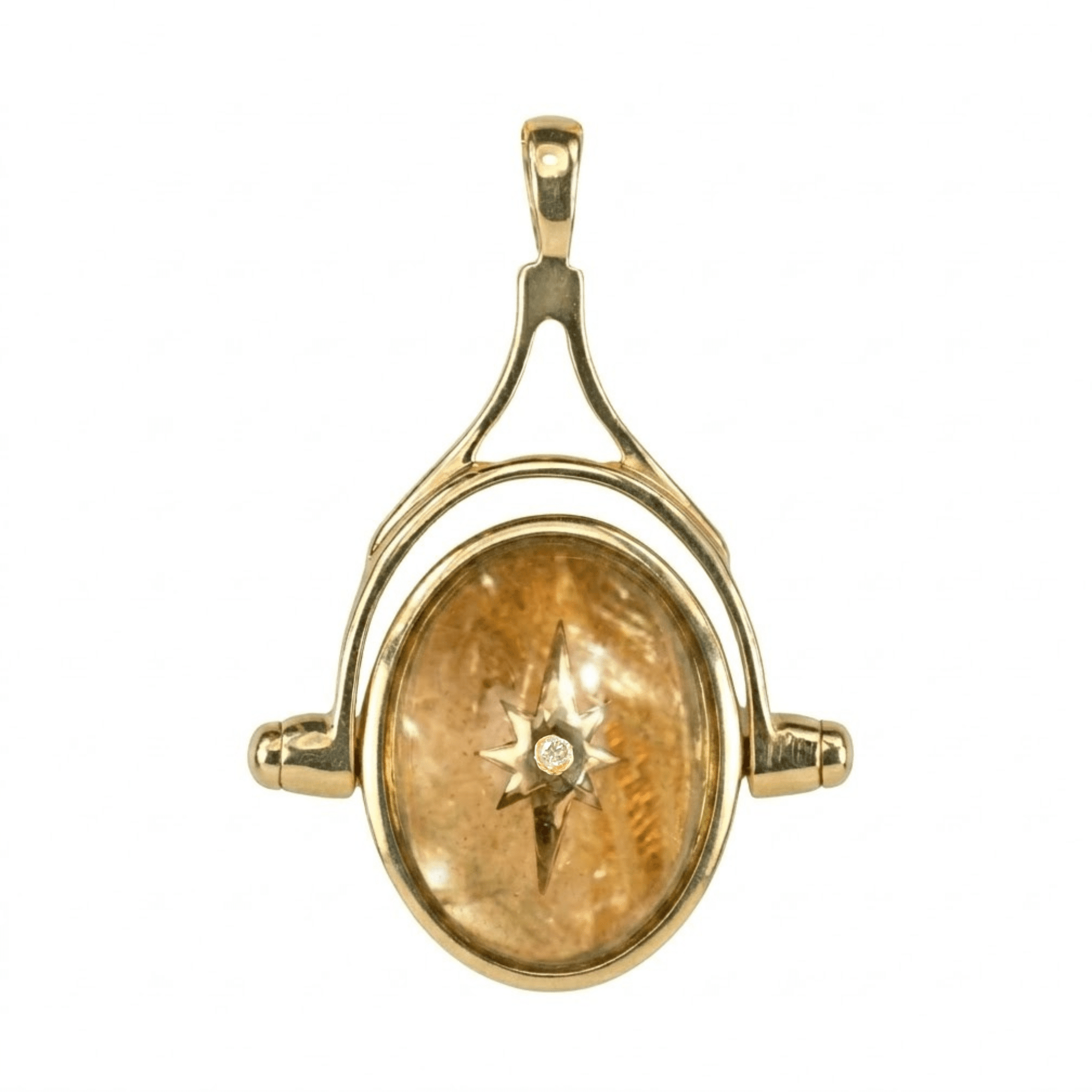 10K Oval Rutilated Quartz Spinning Pendant with Star Overlay - Peridot Fine Jewelry - Zahava
