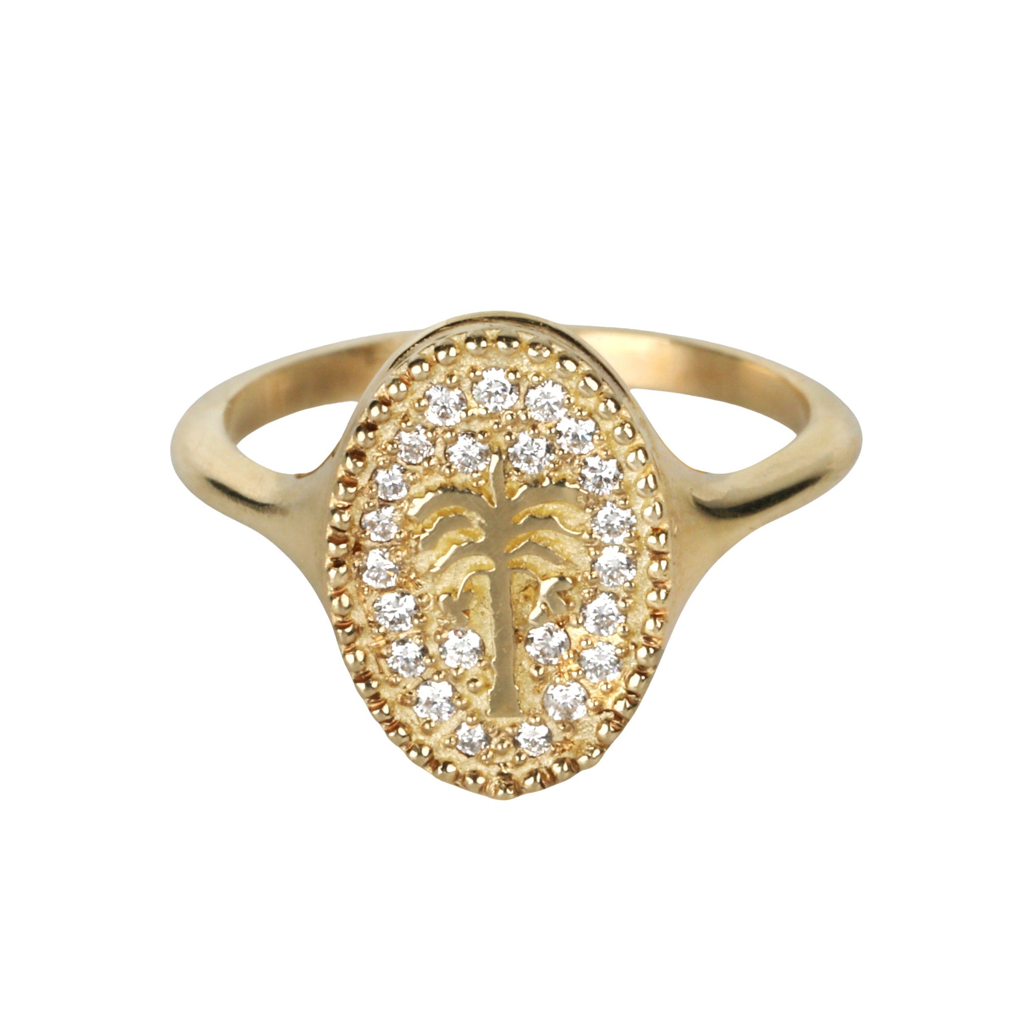 10K Scattered Pave Diamond "Date Palm Tree" Signet Ring - Peridot Fine Jewelry - Zahava
