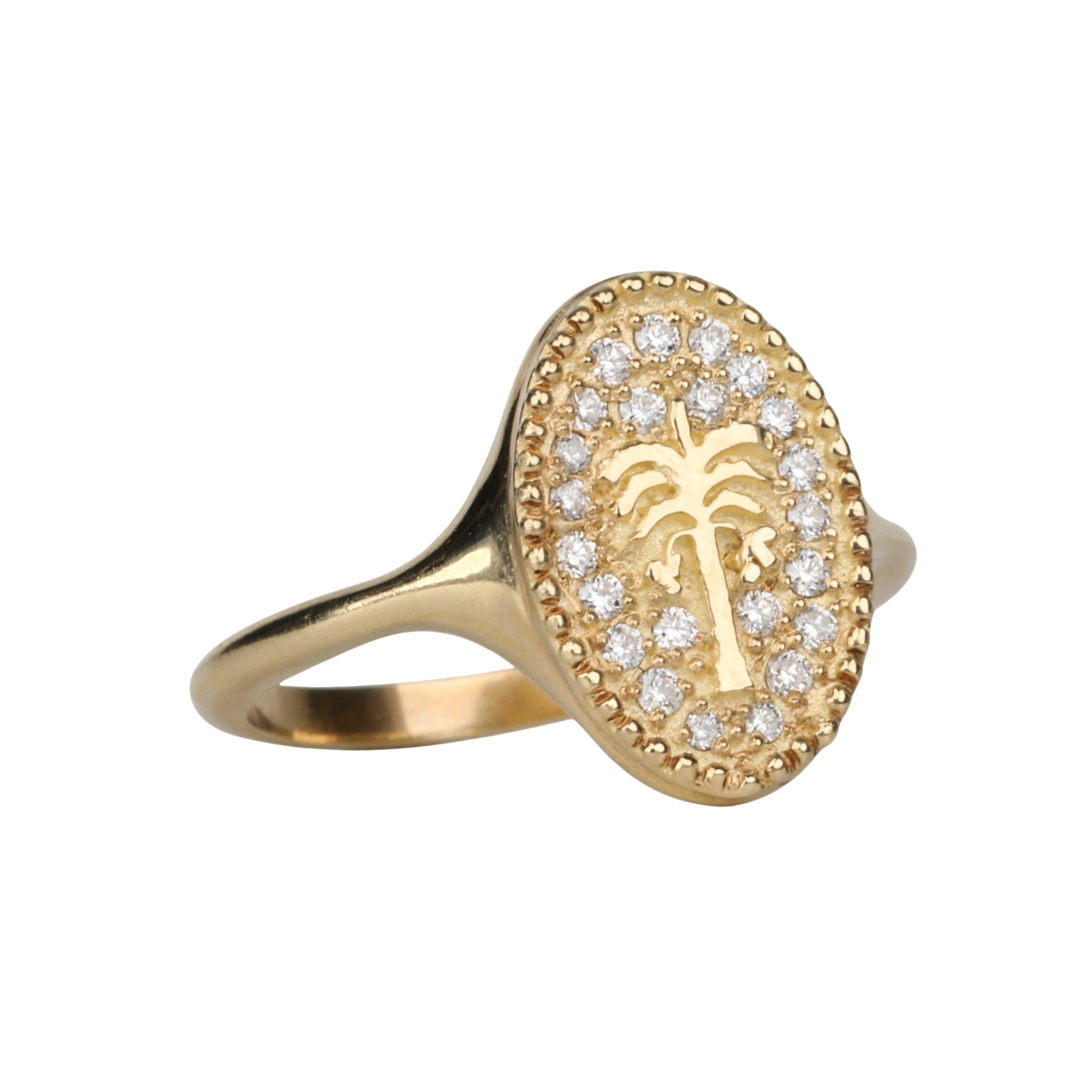 10K Scattered Pave Diamond "Date Palm Tree" Signet Ring - Peridot Fine Jewelry - Zahava