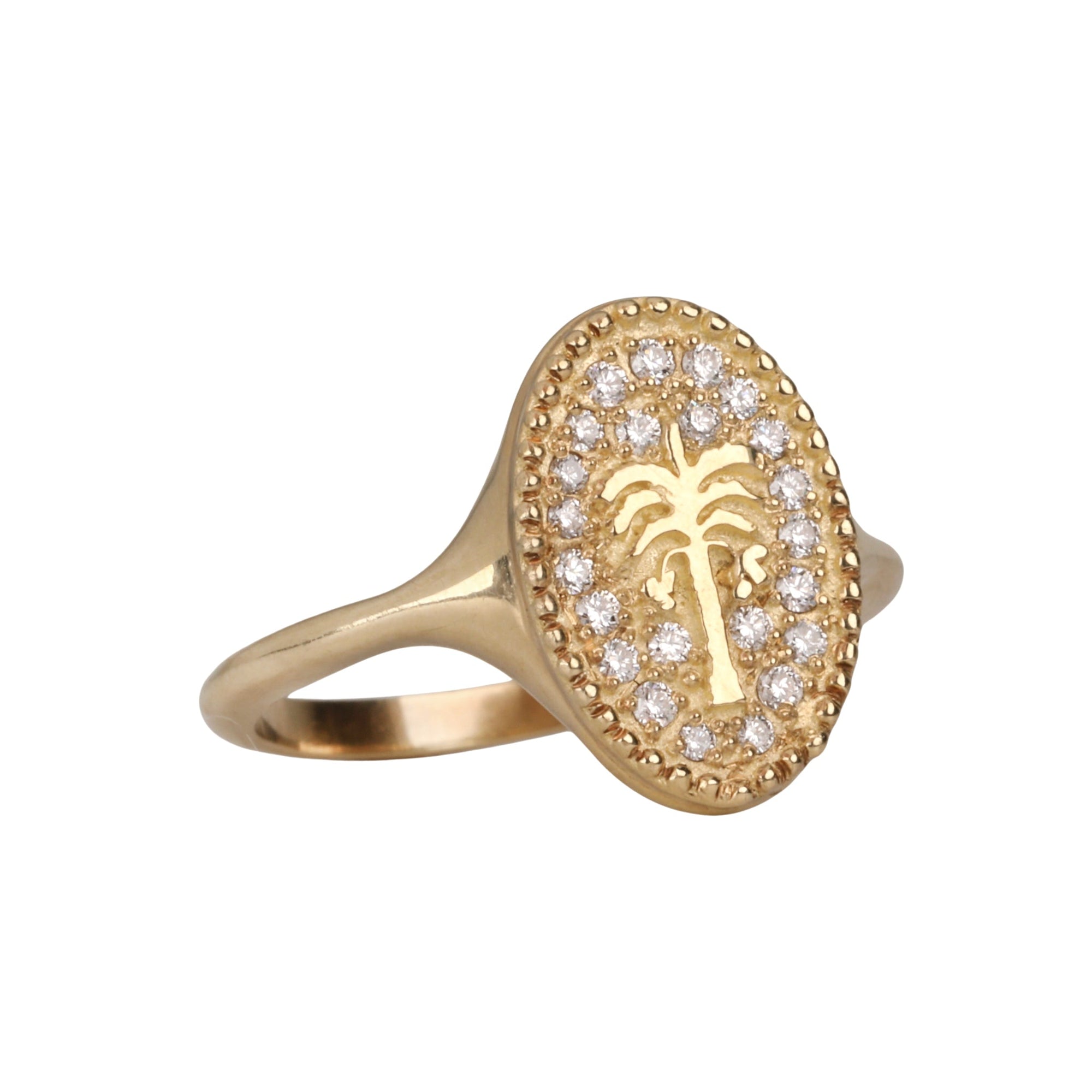 10K Scattered Pave Diamond "Date Palm Tree" Signet Ring - Peridot Fine Jewelry - Zahava