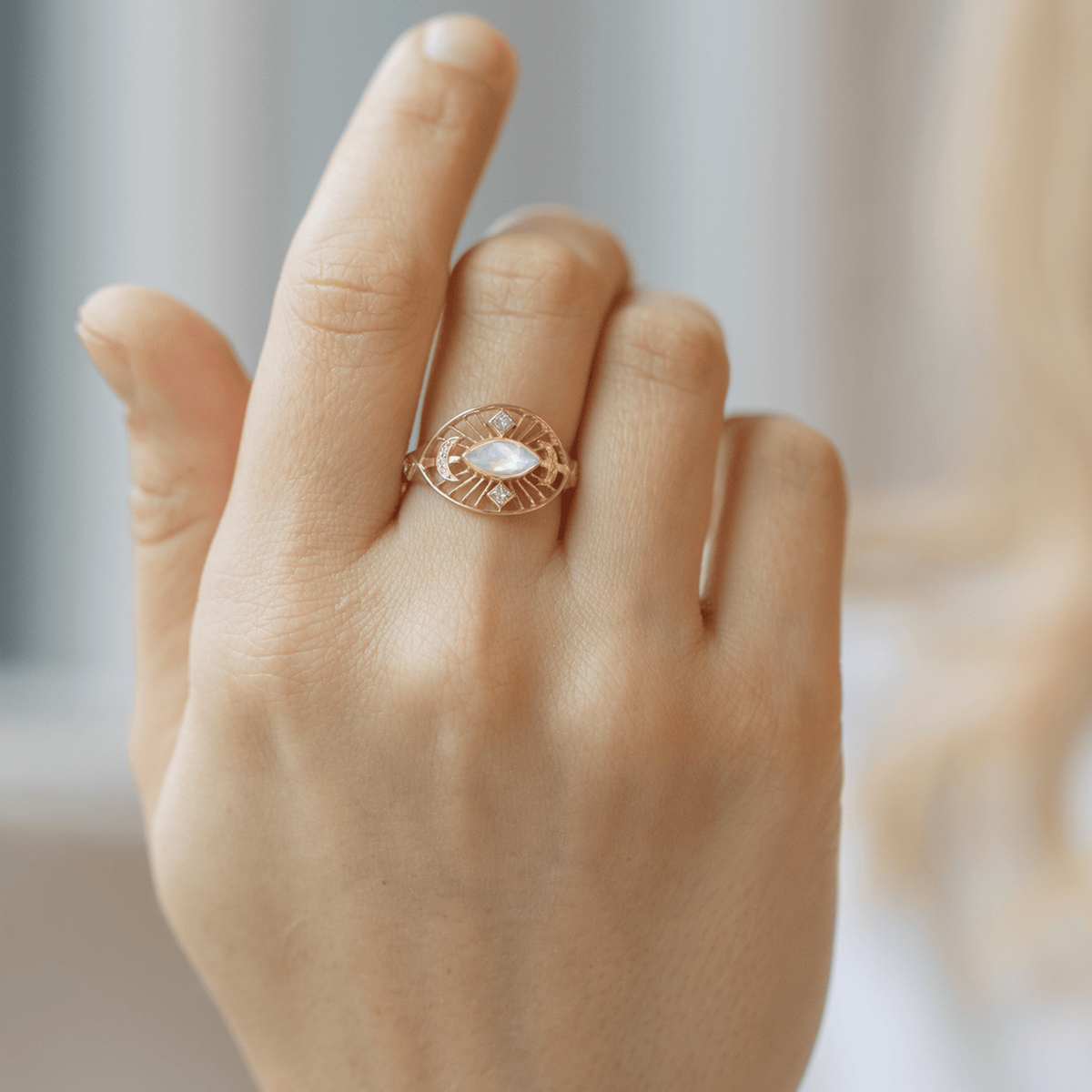 14K and Marquise Moonstone "Eye" Cut-Out Ring with Princess Cut Diamonds &amp; Pave Crescent Details - Peridot Fine Jewelry - Celine Daoust