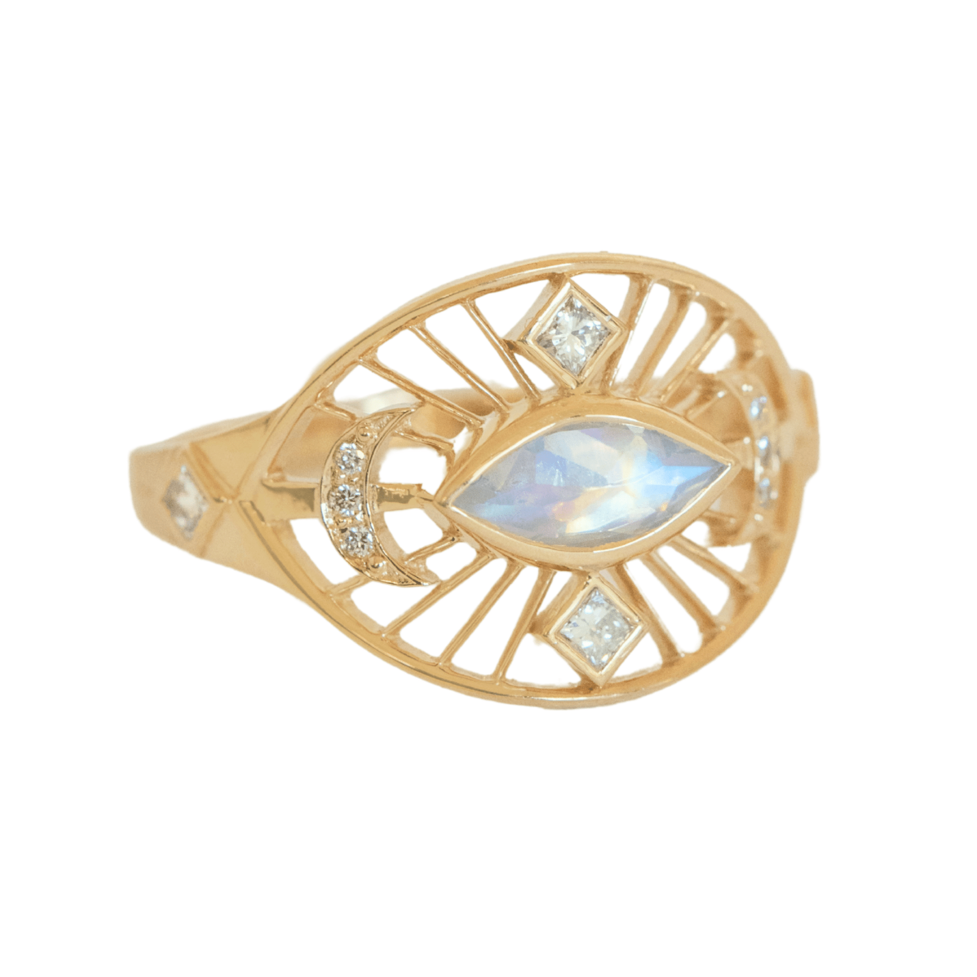 14K and Marquise Moonstone "Eye" Cut-Out Ring with Princess Cut Diamonds &amp; Pave Crescent Details - Peridot Fine Jewelry - Celine Daoust