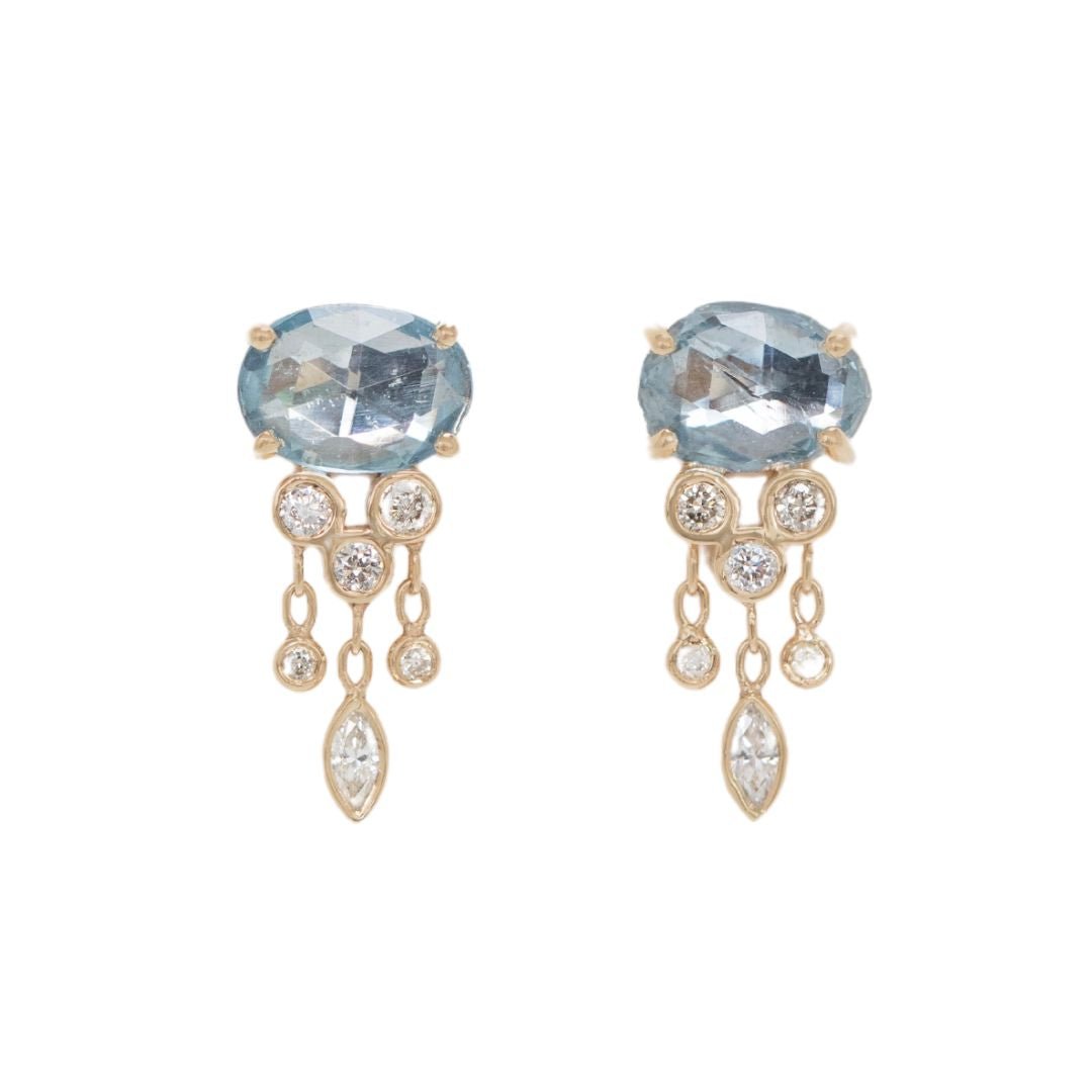 14K & Aquamarine "Jellyfish" Stud Earrings with Diamond Dangles - Peridot Fine Jewelry - Celine Daoust