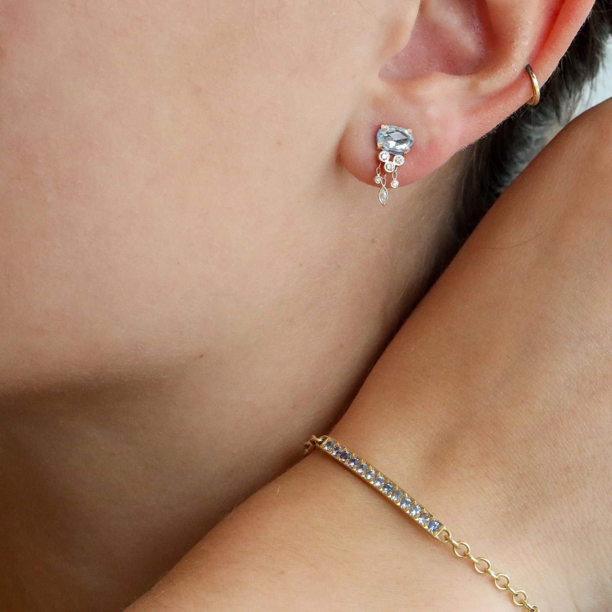 14K &amp; Aquamarine "Jellyfish" Stud Earrings with Diamond Dangles - Peridot Fine Jewelry - Celine Daoust