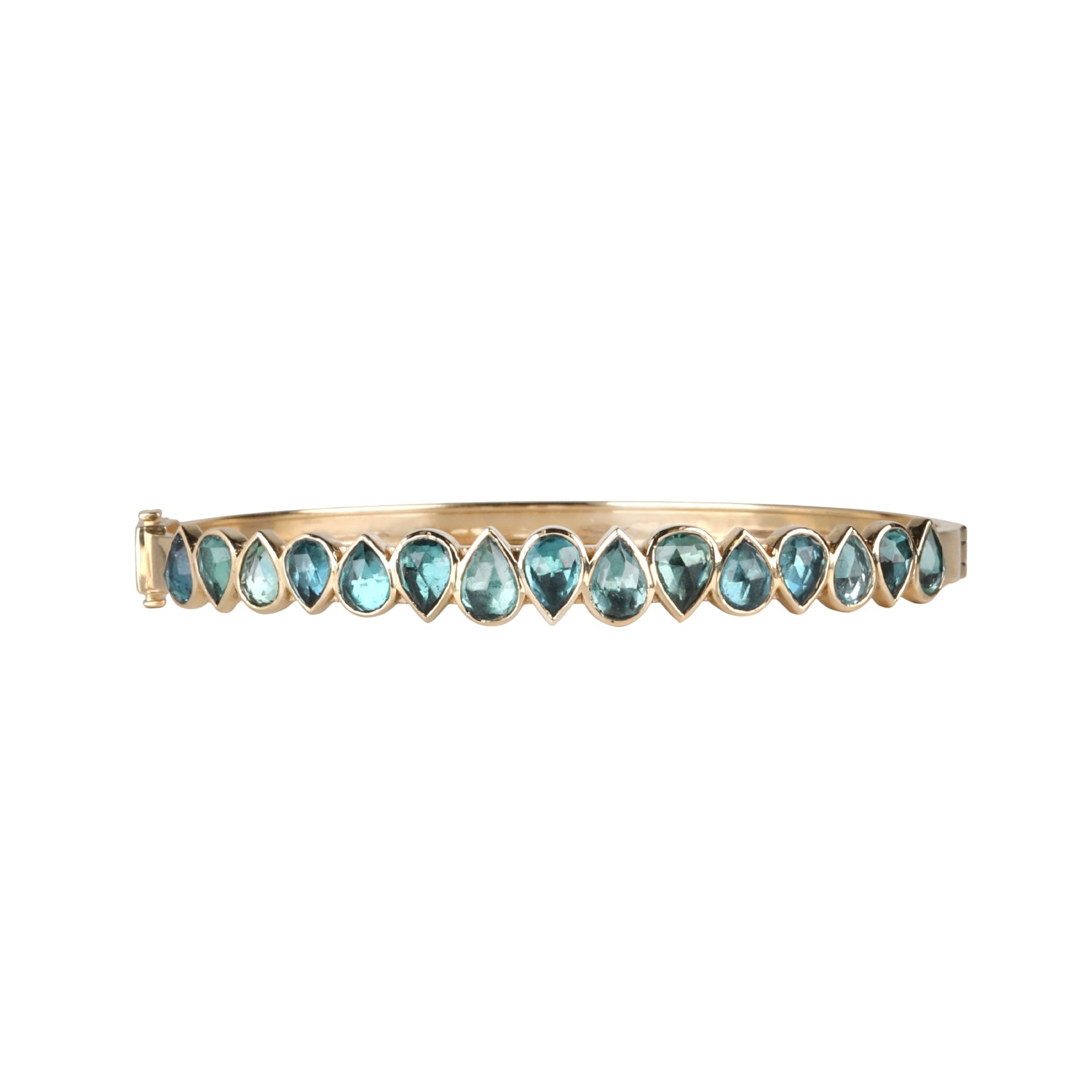 14K "Articulated" Multi Blue-Green Tourmaline Hinged Bangle Bracelet - Peridot Fine Jewelry - Celine Daoust