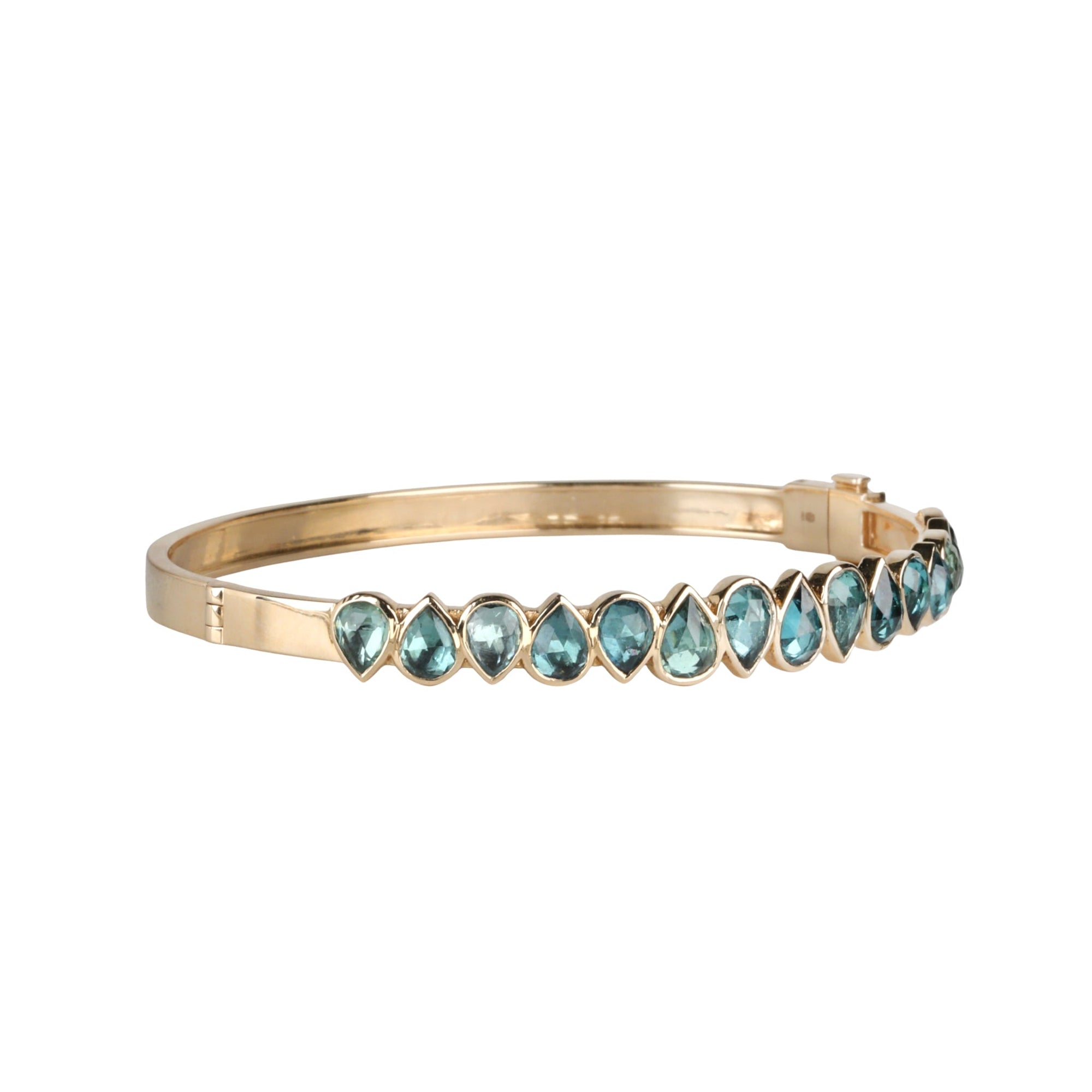 14K "Articulated" Multi Blue-Green Tourmaline Hinged Bangle Bracelet - Peridot Fine Jewelry - Celine Daoust