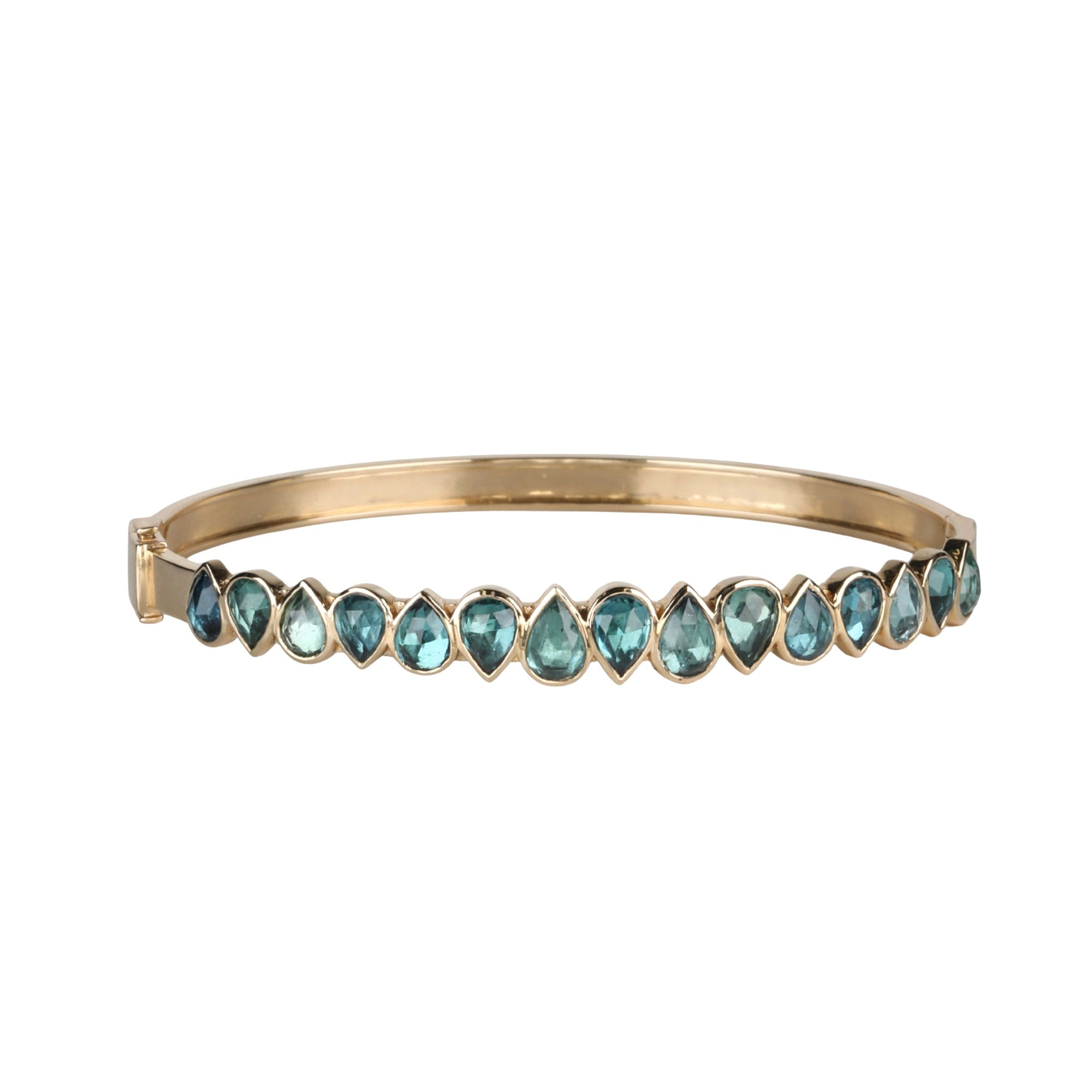 14K "Articulated" Multi Blue-Green Tourmaline Hinged Bangle Bracelet - Peridot Fine Jewelry - Celine Daoust