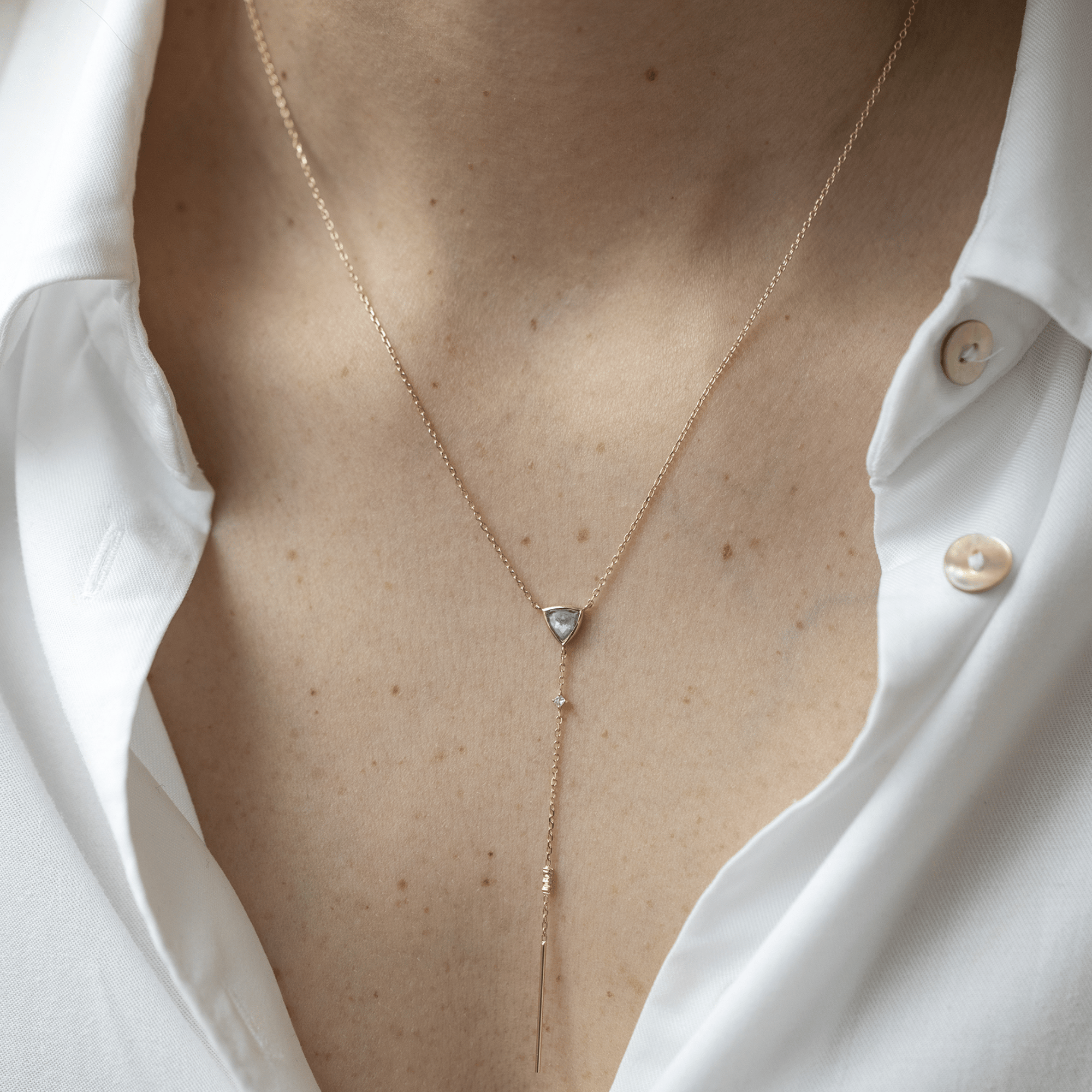 14K Bezel - Set Green Tourmaline Lariat Bar Necklace with Diamond Details - Peridot Fine Jewelry - Celine Daoust