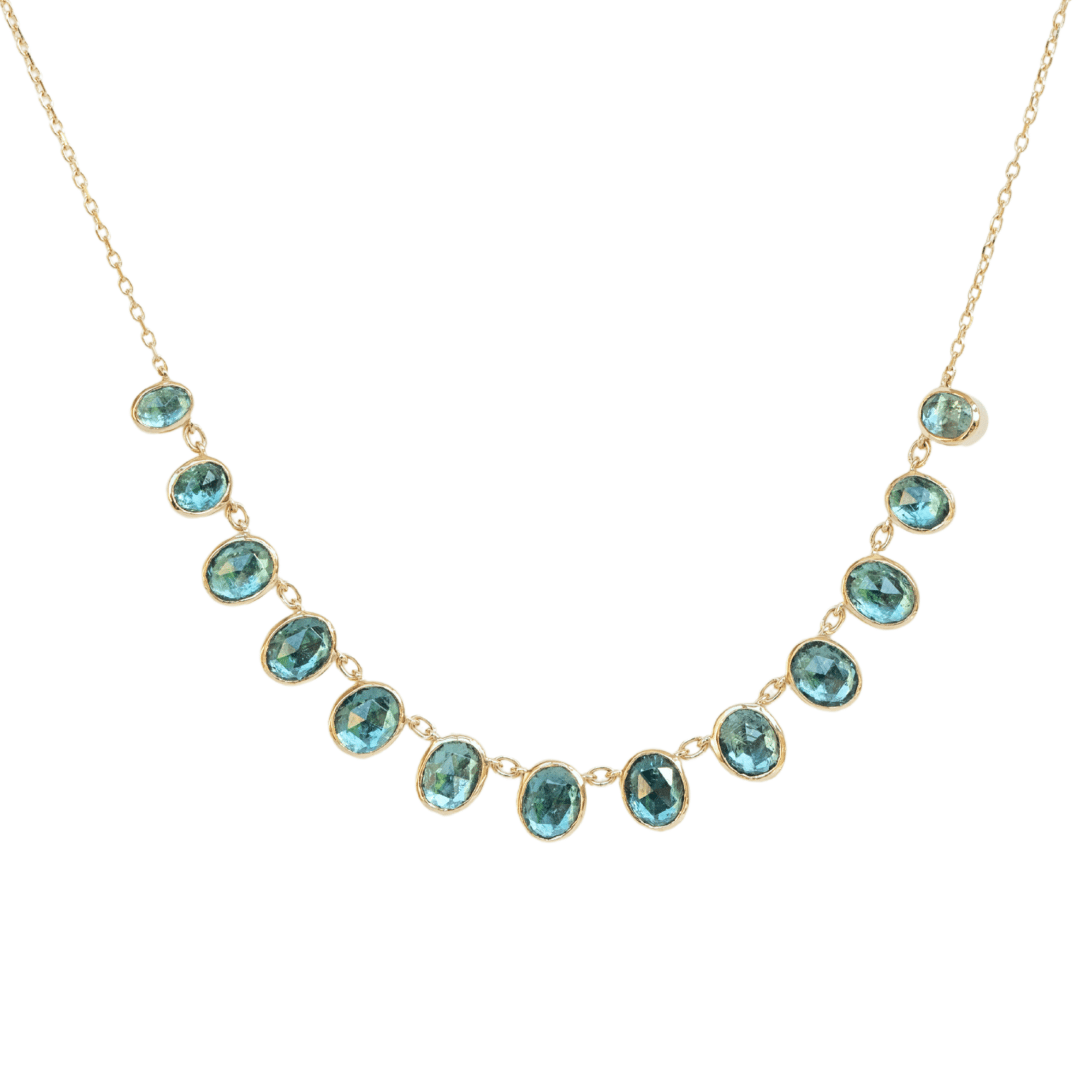 14K Bezel-Set Multi-Drop Blue-Green Tourmaline Necklace - Peridot Fine Jewelry - Celine Daoust