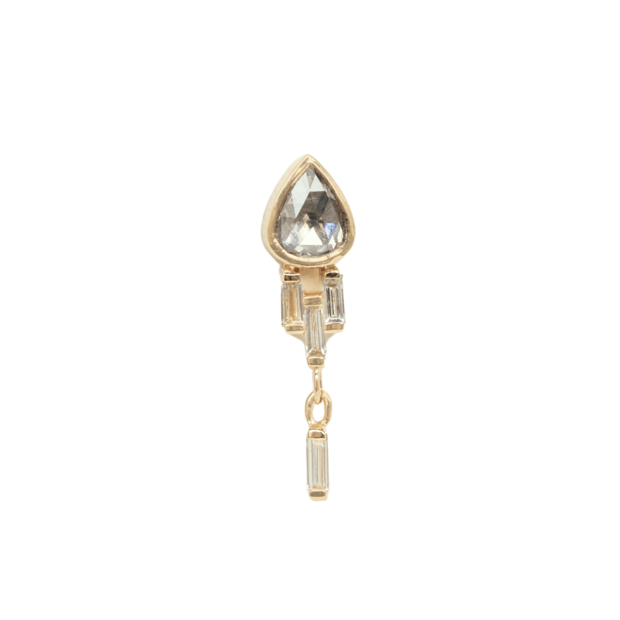14K Bezel-Set Pear-Shaped Rosecut Grey Diamond Post Earring with Baguette Diamond Details - Peridot Fine Jewelry - Celine Daoust