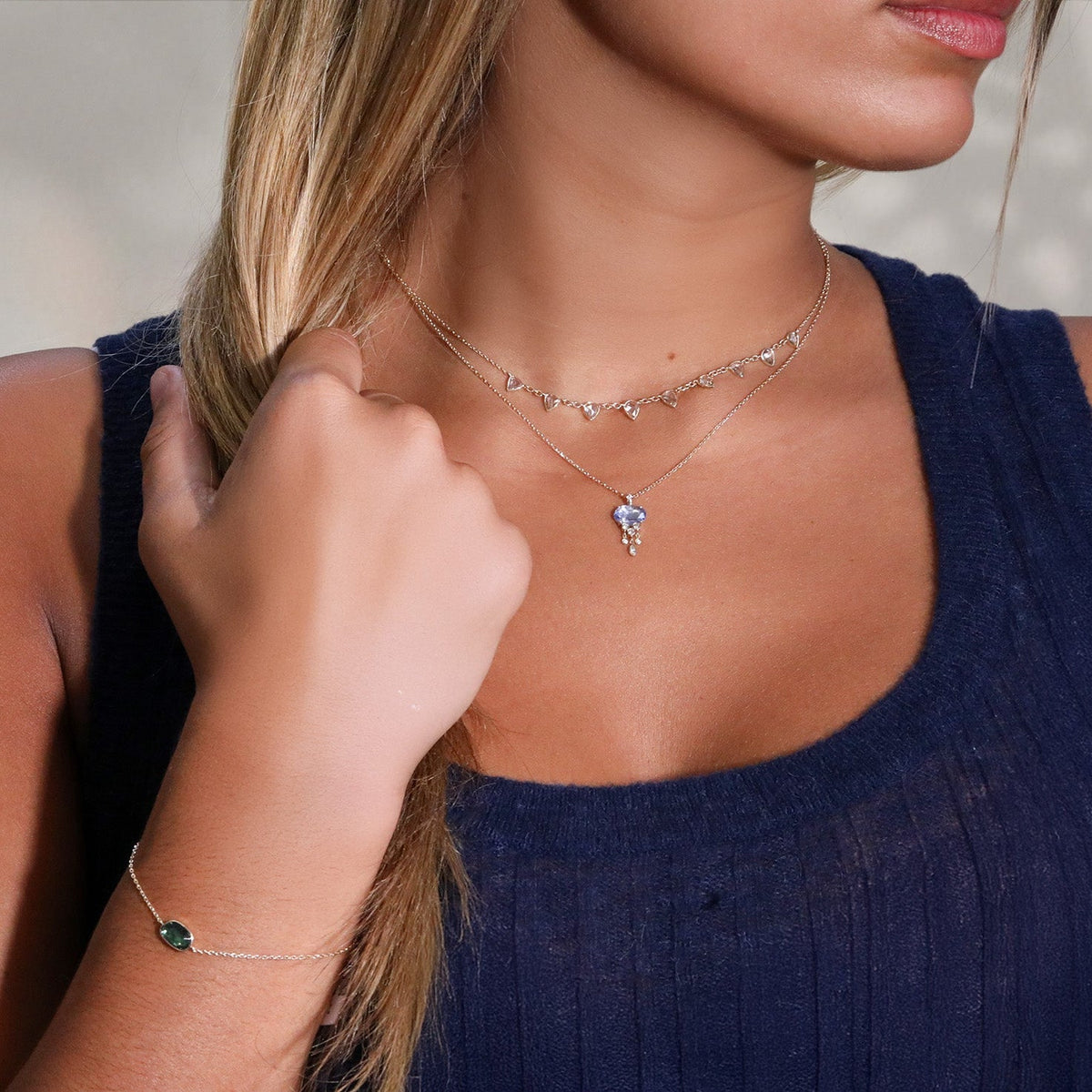 14K &amp; Blue Sapphire "Jellyfish" Necklace with Bezel-Set Diamond Dangles - Peridot Fine Jewelry - Celine Daoust