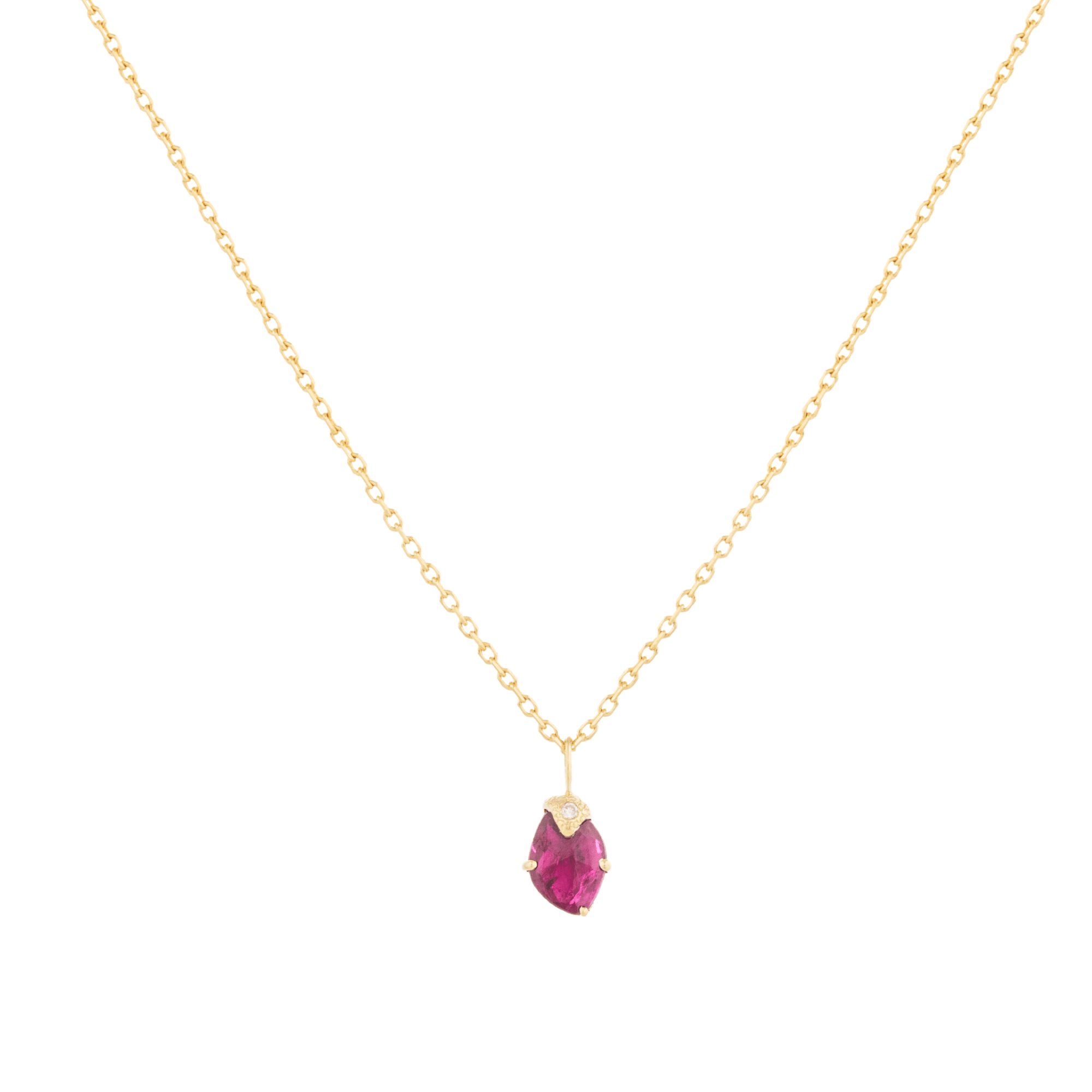 14K "Claw - Set" Upside - Down Teardrop Rose - Cut Ruby Necklace with Pave Diamond Details - Peridot Fine Jewelry - Celine Daoust